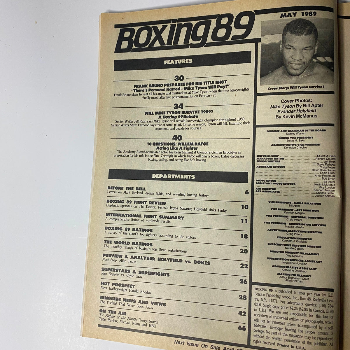 Inside page of Boxing '89 Magazine May 1989 showing features including Frank Bruno's preparations, Mike Tyson debate, and interviews such as Willem Dafoe. Essential for boxing fans and collectors.