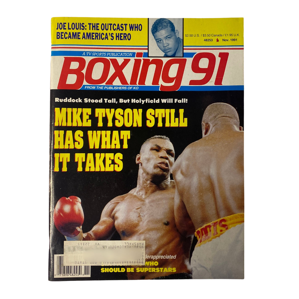 Boxing 91 Magazine cover from November 1991 featuring Mike Tyson, highlighting his match against Donovan Ruddock with the caption 'Mike Tyson Still Has What It Takes.' The magazine discusses heavyweight boxing history and features Joe Louis.