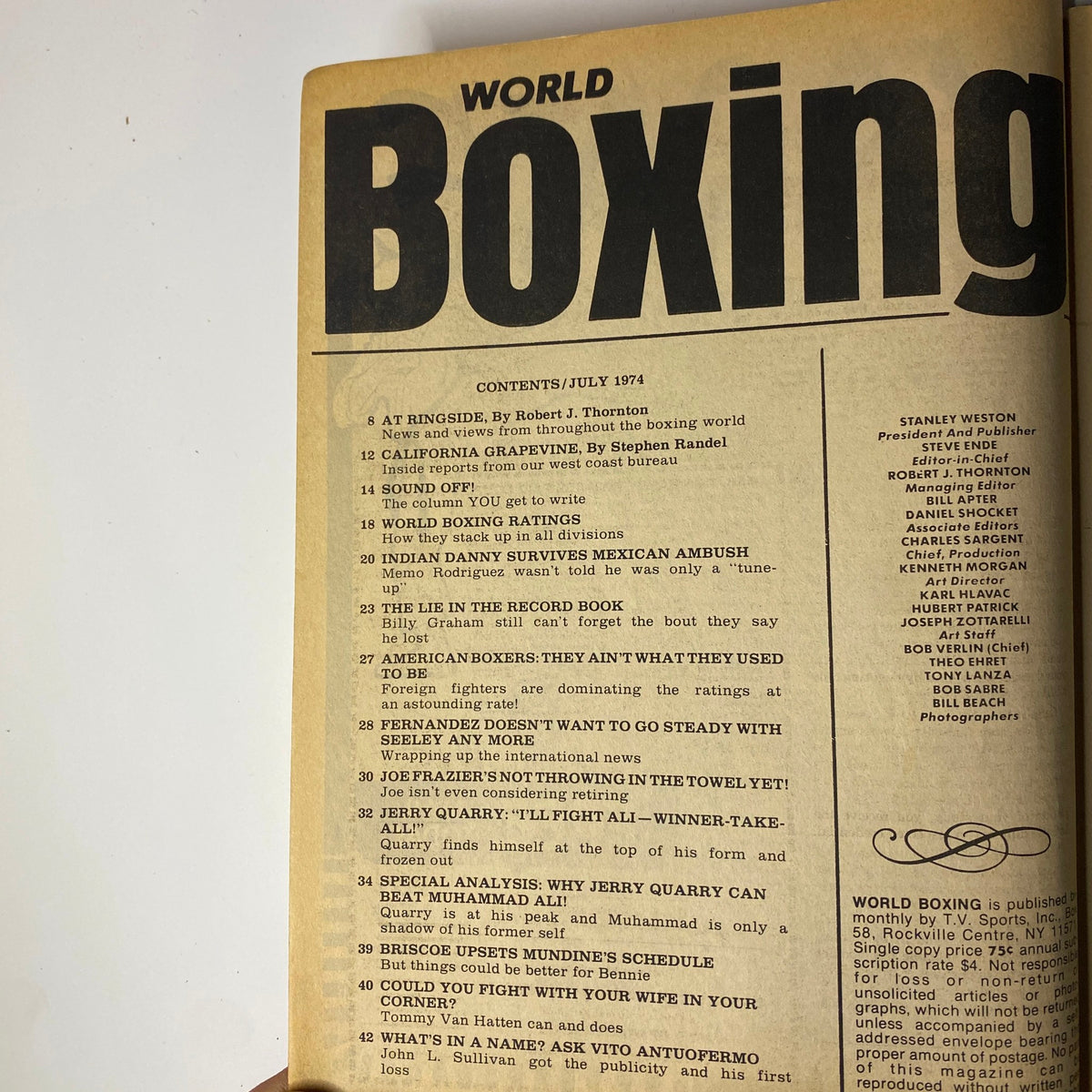 Table of contents from World Boxing Magazine July 1974, listing articles including news, analysis, and features on heavyweight boxing, Muhammad Ali, and Jerry Quarry.