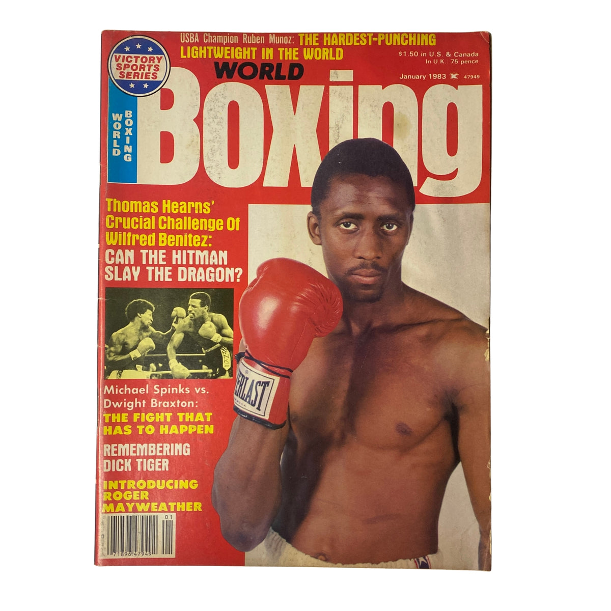 World Boxing Magazine January 1983 featuring Thomas Hearns and Wilfred Benitez on the cover. The magazine highlights Hearns' challenge against Benitez, Michael Spinks vs. Dwight Braxton, and includes articles on Roger Mayweather and Dick Tiger.