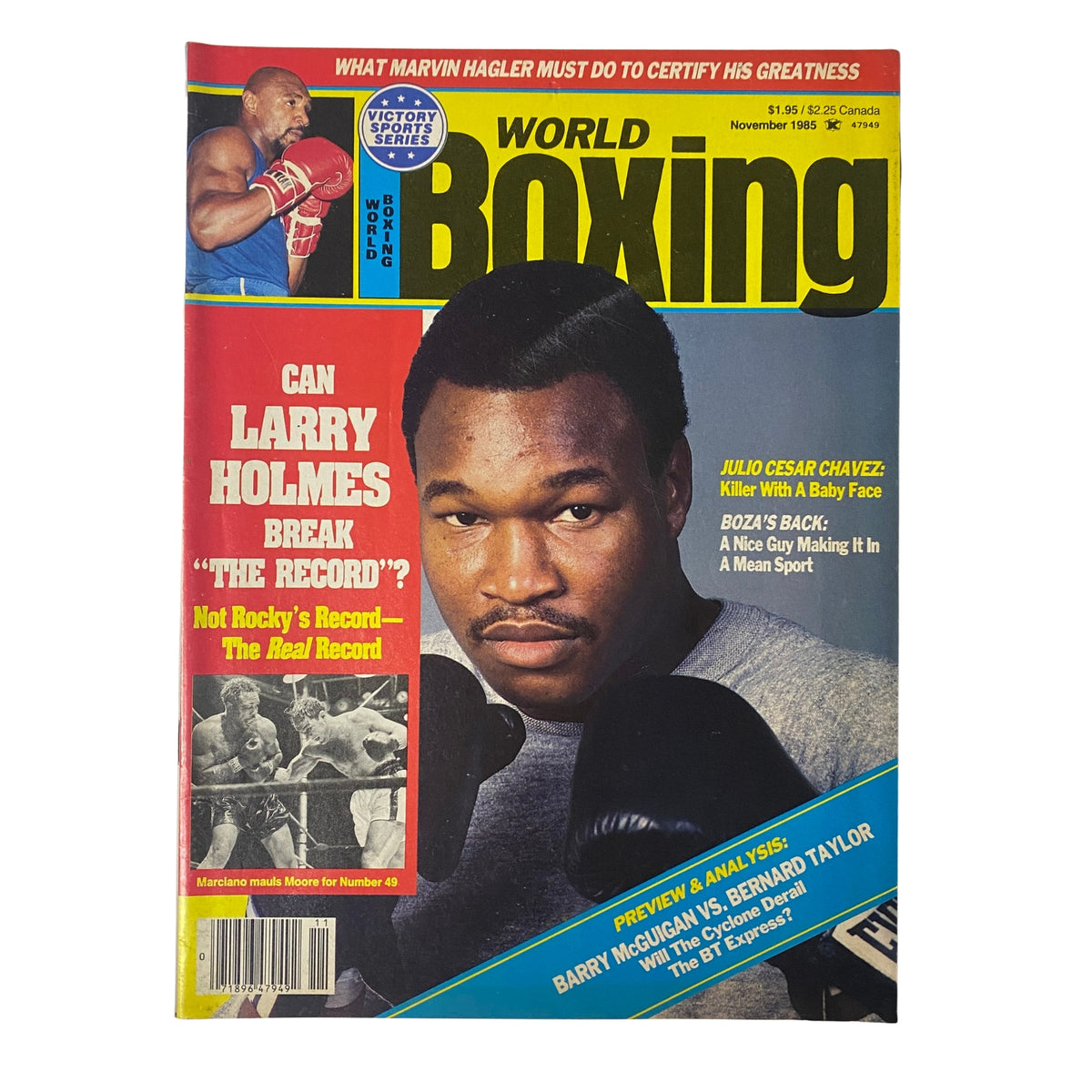 World Boxing Magazine November 1985 featuring Larry Holmes on the cover, showcasing his quest to break the heavyweight title defense record, with content highlights on boxing legends like Julio Cesar Chavez and Marvin Hagler.