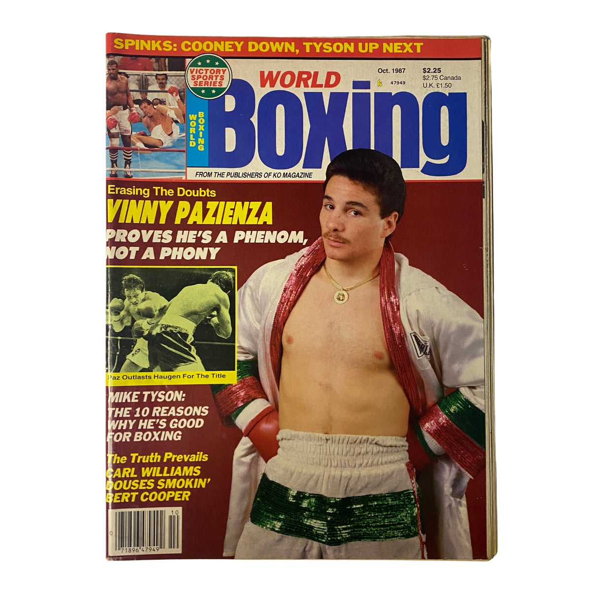 World Boxing Magazine October 1987 featuring Vinny Pazienza on the cover, showcasing sports, boxing history, and notable athletes.