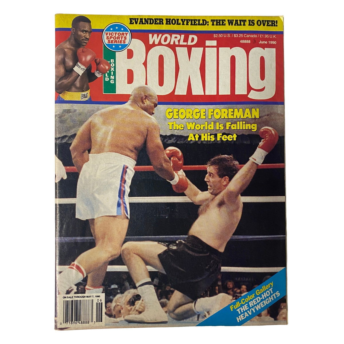 Cover of World Boxing Magazine June 1990 featuring George Foreman, titled 'George Foreman: The World is Falling at His Feet', showcasing a dynamic boxing scene with Foreman in action.