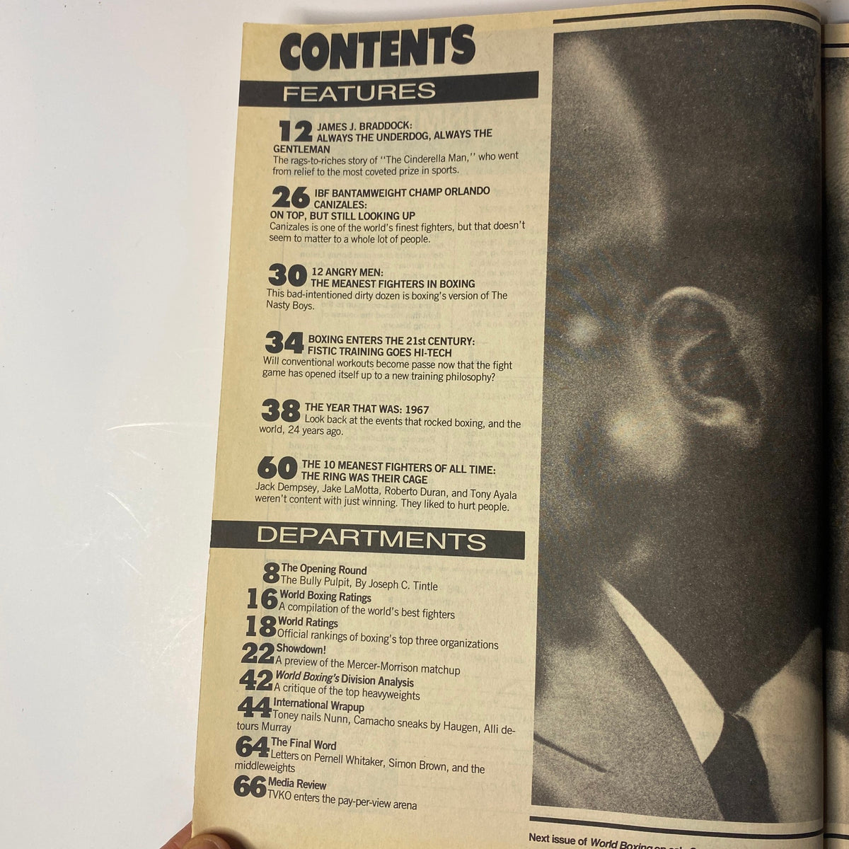 Contents page of World Boxing Magazine October 1991, detailing features on boxing legends like James J. Braddock and the evolution of training methods, part of a must-have issue for boxing enthusiasts.
