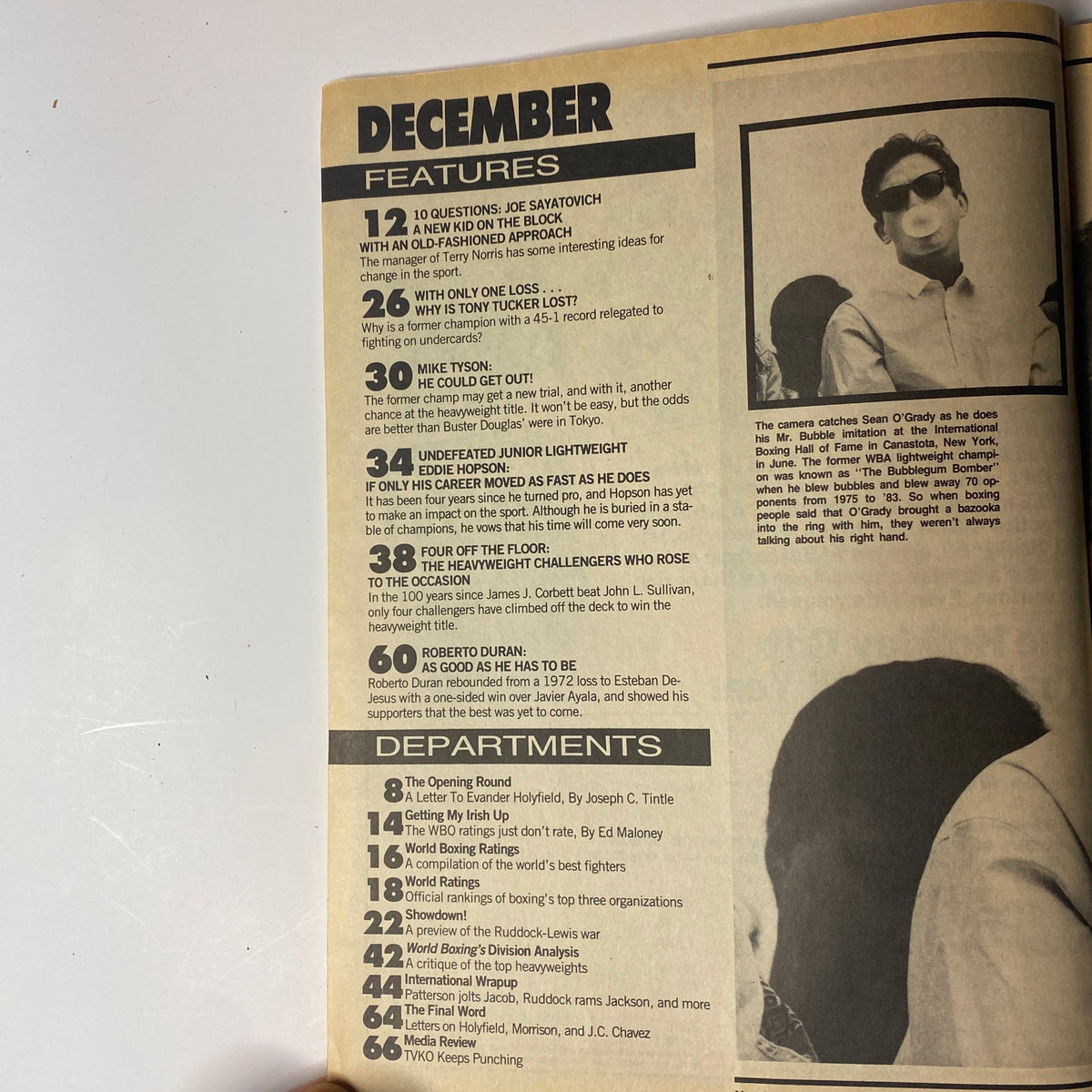 World Boxing Magazine December 1992 inside pages detailing features including interviews and articles about boxing legends Mike Tyson, Tony Tucker, and Eddie Hopson.