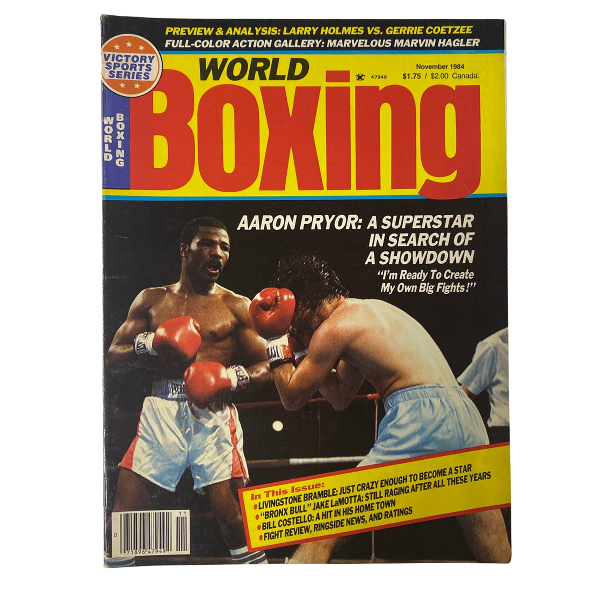 Cover of World Boxing Magazine November 1984 featuring Aaron Pryor, highlighting his feature article 'A Superstar in Search of a Showdown' with an image of a boxing match.