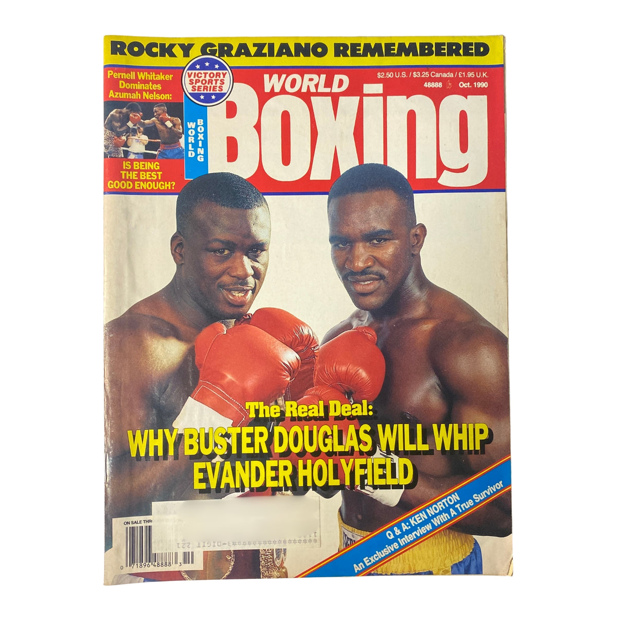 World Boxing Magazine October 1990 featuring Buster Douglas and Evander Holyfield on the cover, highlighting the upcoming heavyweight clash.