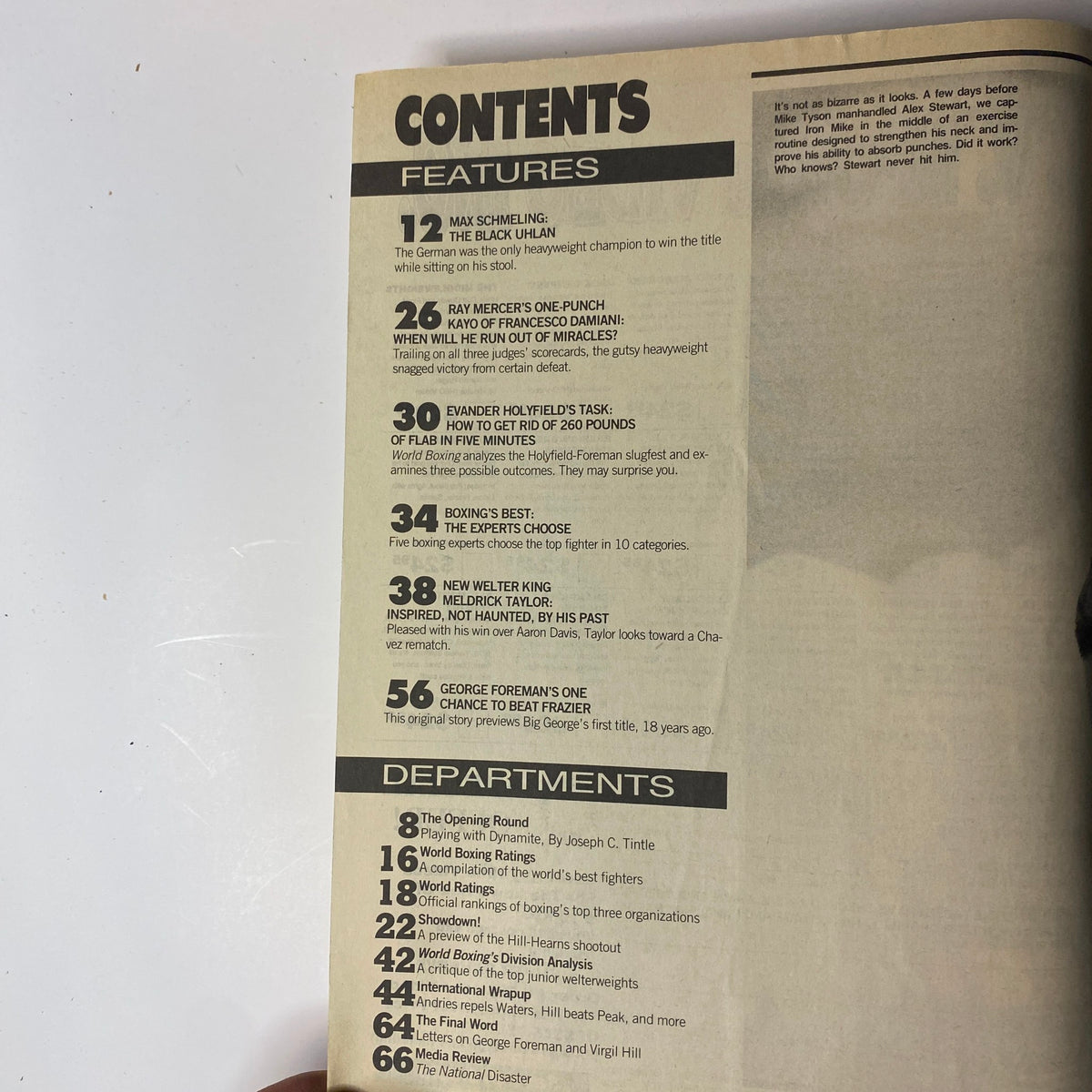 Table of contents from World Boxing Magazine June 1991, showcasing featured articles including Evander Holyfield, Max Schmeling, and Ray Mercer's knockout win.