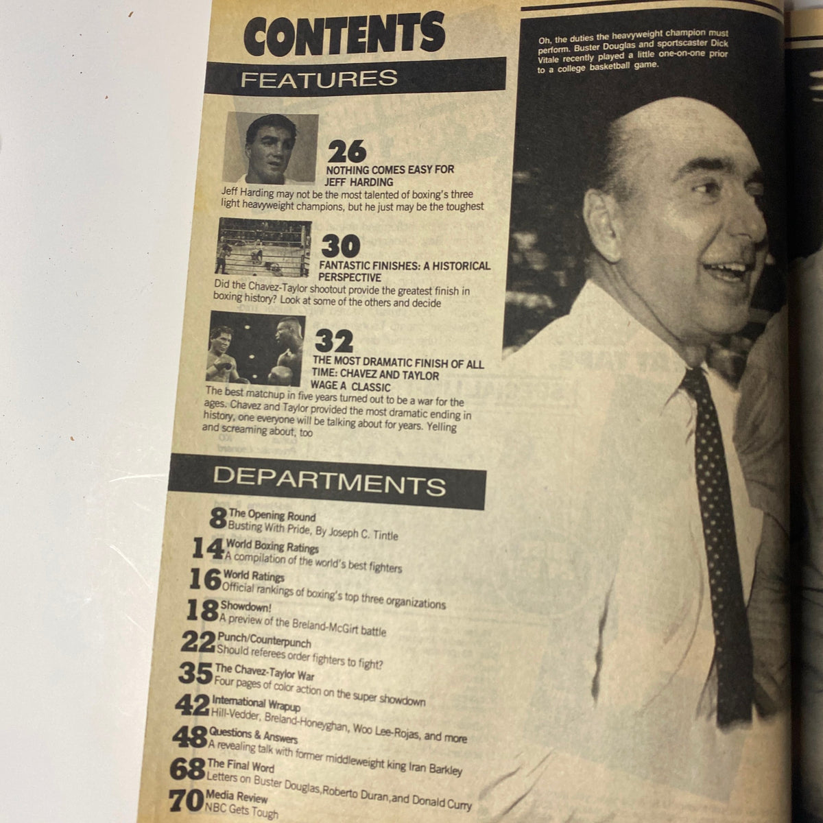 Contents page of the World Boxing Magazine August 1990, detailing features such as Chávez vs. Taylor and articles on boxing's history and notable fighters.
