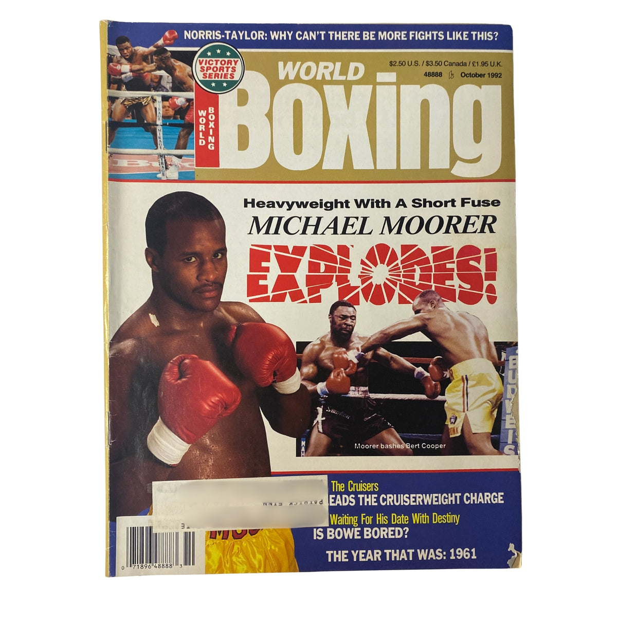 Cover of World Boxing Magazine, October 1992, featuring Michael Moorer, highlighting his explosive victory against Bert Cooper with the title 'Michael Moorer Explodes!' along with additional features and insights into the boxing world.