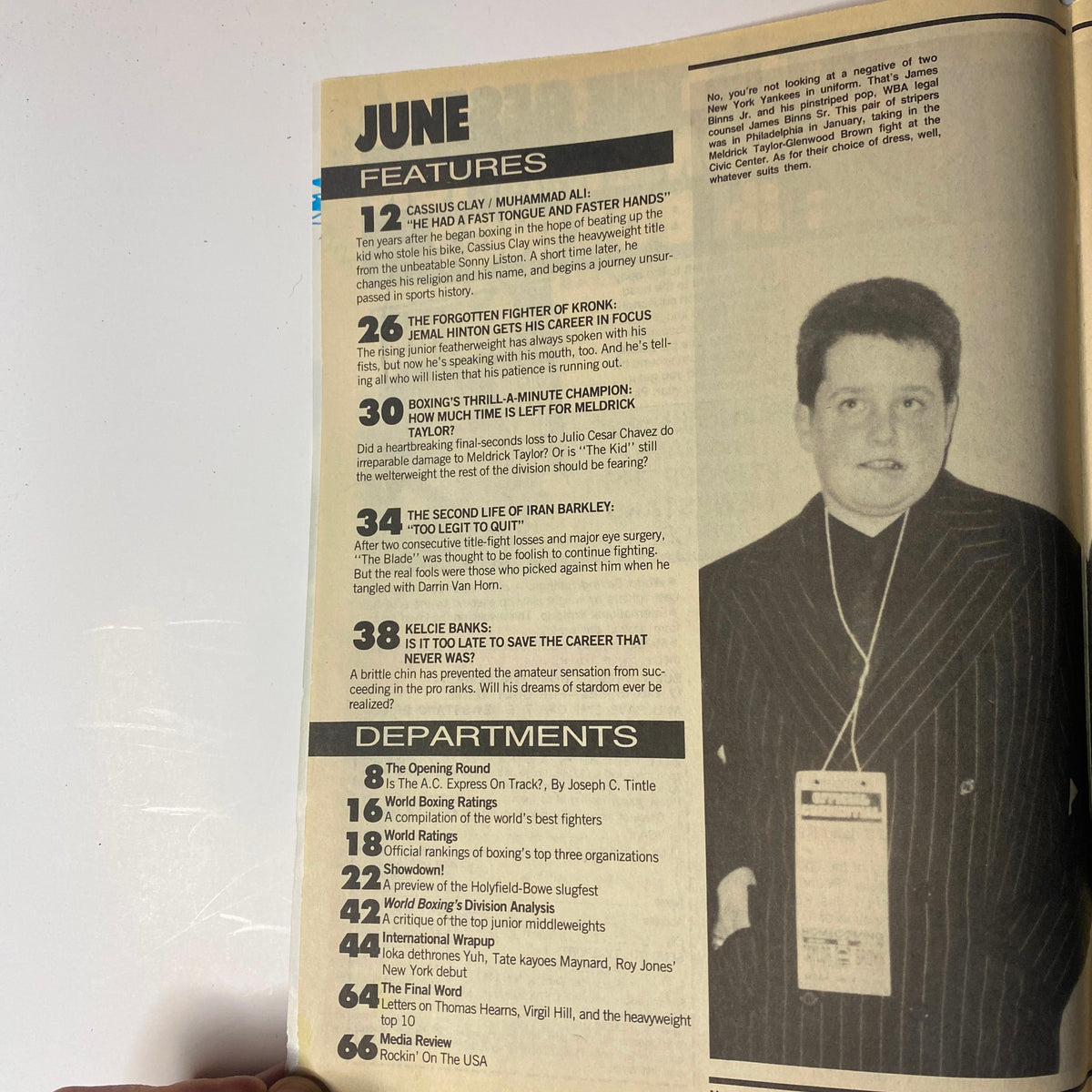 Inside page of World Boxing Magazine June 1992 showcasing the table of contents with features including Cassius Clay, Jemal Hinton, Iran Barkley, and Kelcie Banks.