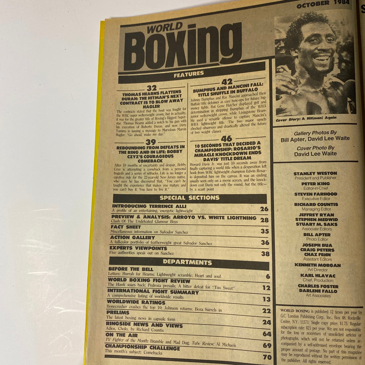 World Boxing Magazine October 1984 cover featuring Thomas Hearns vs Roberto Durán highlights and features, showcasing the contents and articles of the magazine.