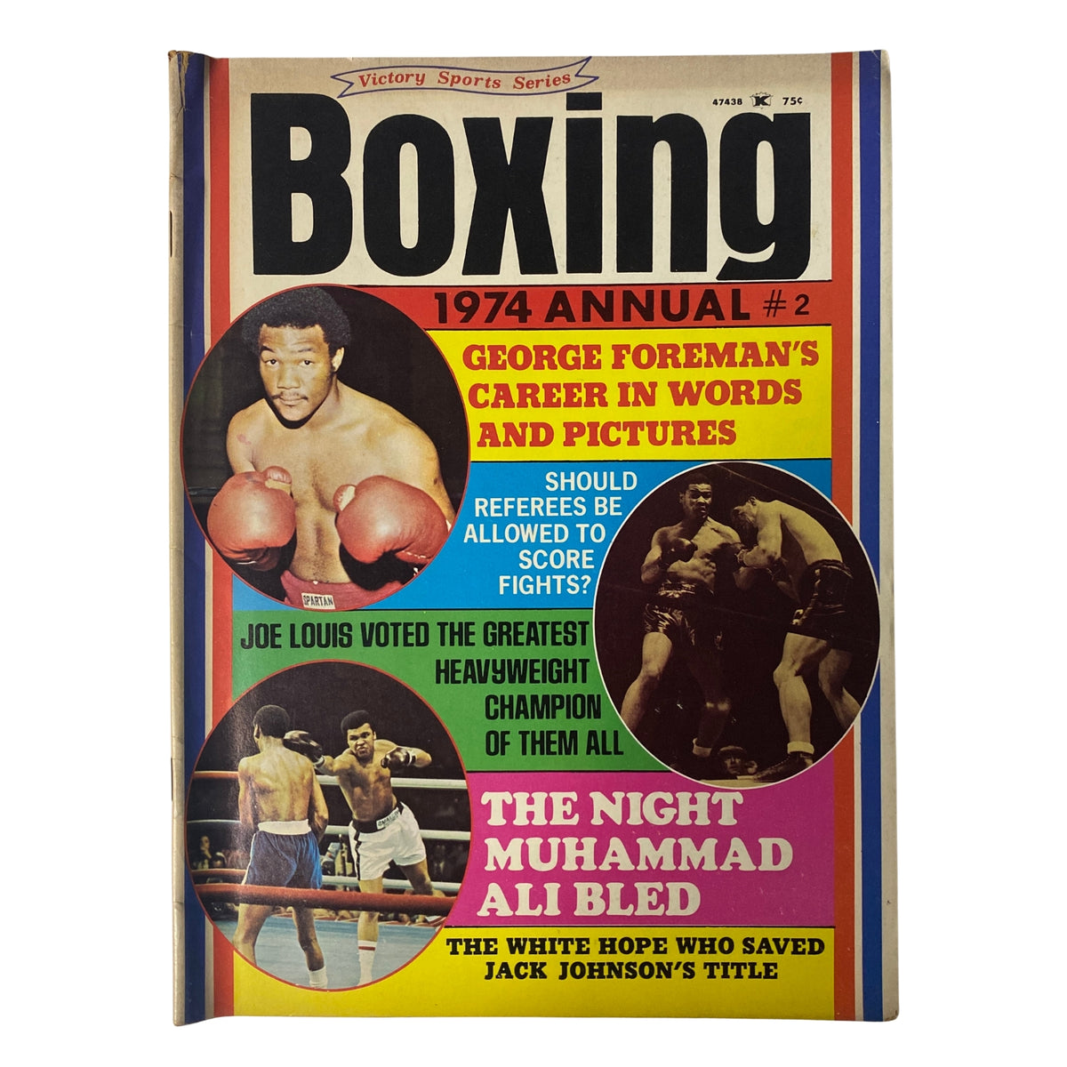 Cover of Boxing Magazine 1974 Annual #2 featuring George Foreman, Joe Louis, and highlights of boxing history including articles on Muhammad Ali and Jack Dempsey.