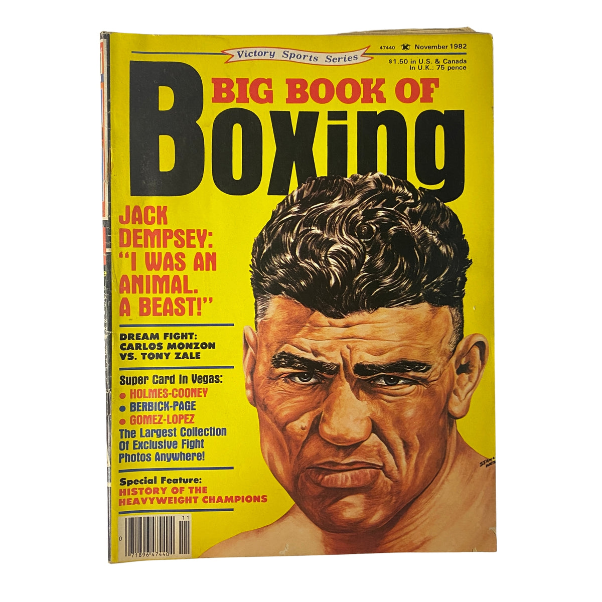 Cover of Big Book of Boxing Magazine, November 1982, featuring Jack Dempsey with the quote 'I Was an Animal, A Beast!' against a vibrant yellow background.