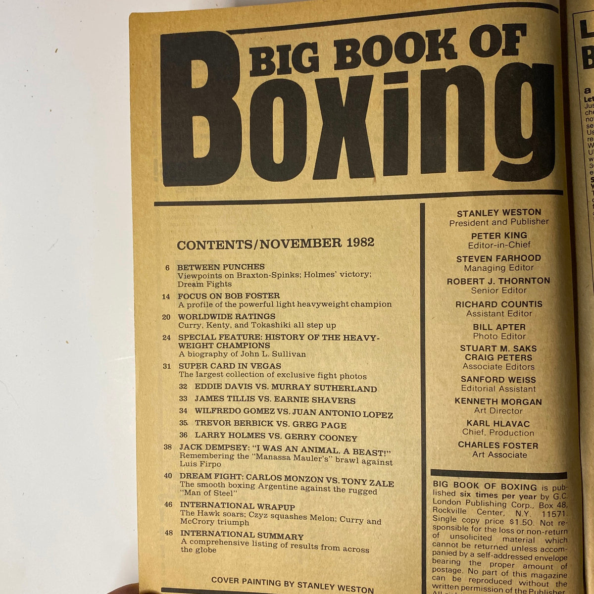 Inside page of Big Book of Boxing Magazine, November 1982, showcasing the table of contents, highlighting various boxing articles and features.