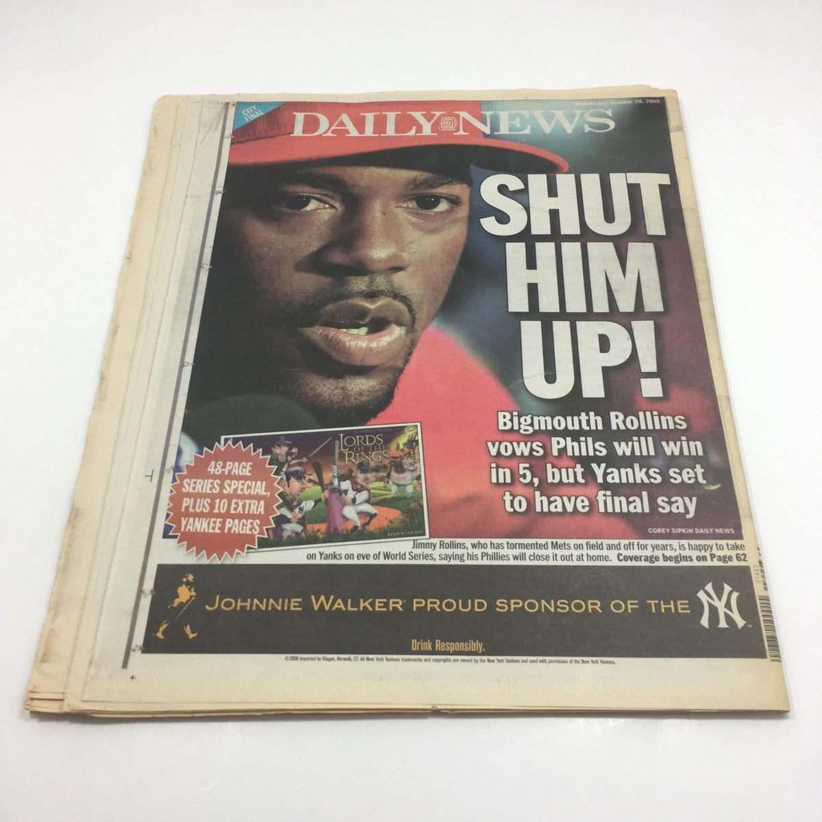 Another cover of NY Daily News featuring the headline 'SHUT HIM UP!' and images from the October 28, 2009, issue associated with 'It'll Be Heaven When Yanks Win 27'.