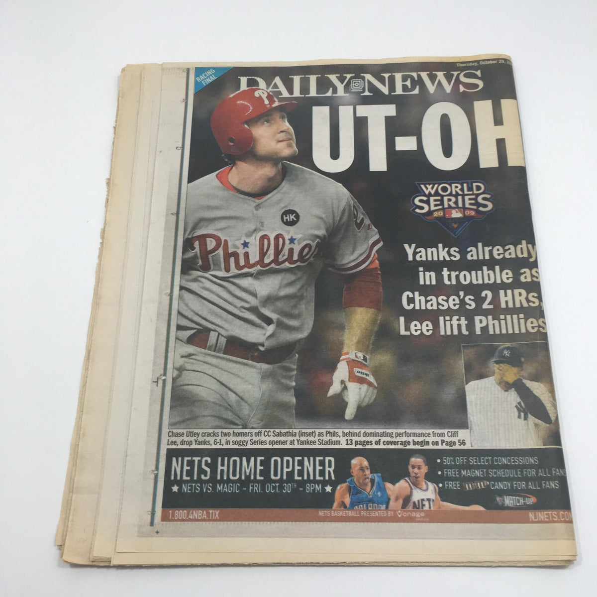 NY Daily News vintage magazine cover from Oct 29, 2009 titled 'UT-OH' featuring the Philadelphia Phillies and a highlight on the Yankees in World Series context.