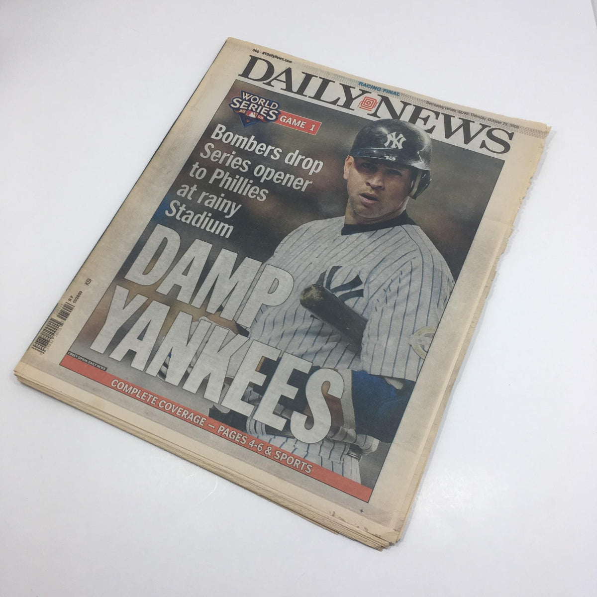 NY Daily News vintage magazine cover from Oct 29, 2009 titled 'Damp Yankees' showcasing the New York Yankees' struggles in World Series Game 1 against the Philadelphia Phillies.