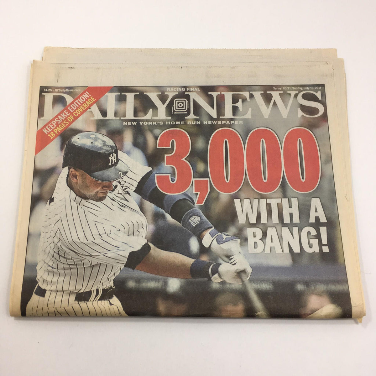 New York Daily News cover from July 10, 2011, featuring the headline '3,000 WITH A BANG!' showcasing a New York Yankees player during a historic milestone game.