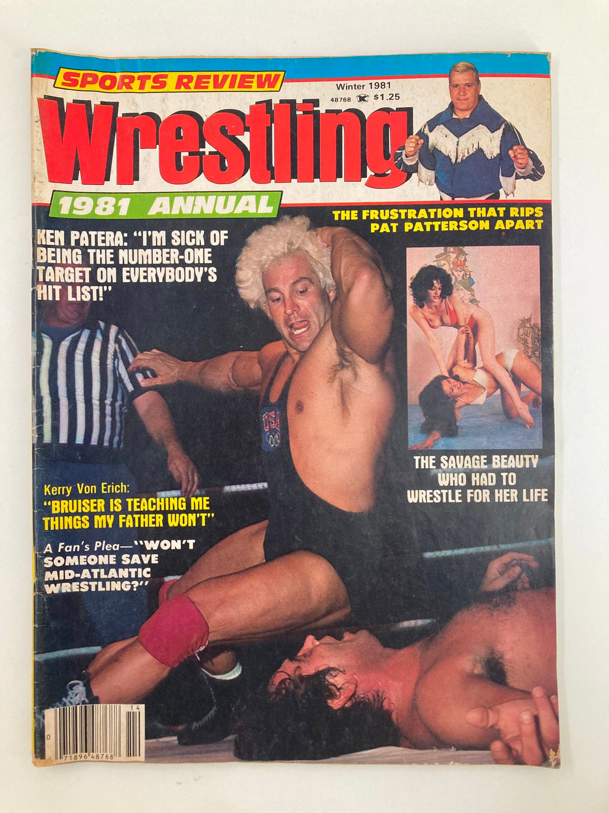 Cover of the Winter 1981 VTG Sports Review Wrestling Magazine featuring Ken Patera and Kerry Von Erich, highlighting wrestling culture and iconic figures from the era.