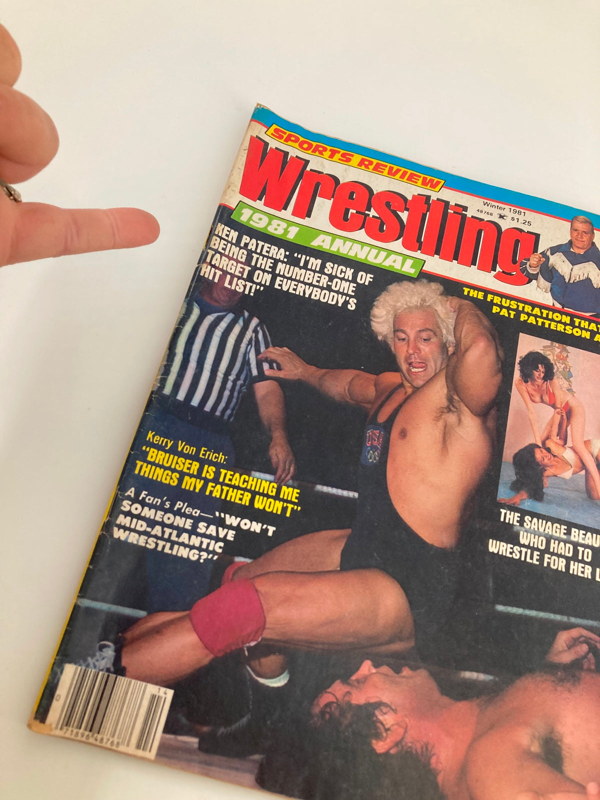 Close-up of the Winter 1981 VTG Sports Review Wrestling Magazine cover showing Ken Patera and Kerry Von Erich, with bold headlines about wrestling topics and nostalgia from the early 1980s.