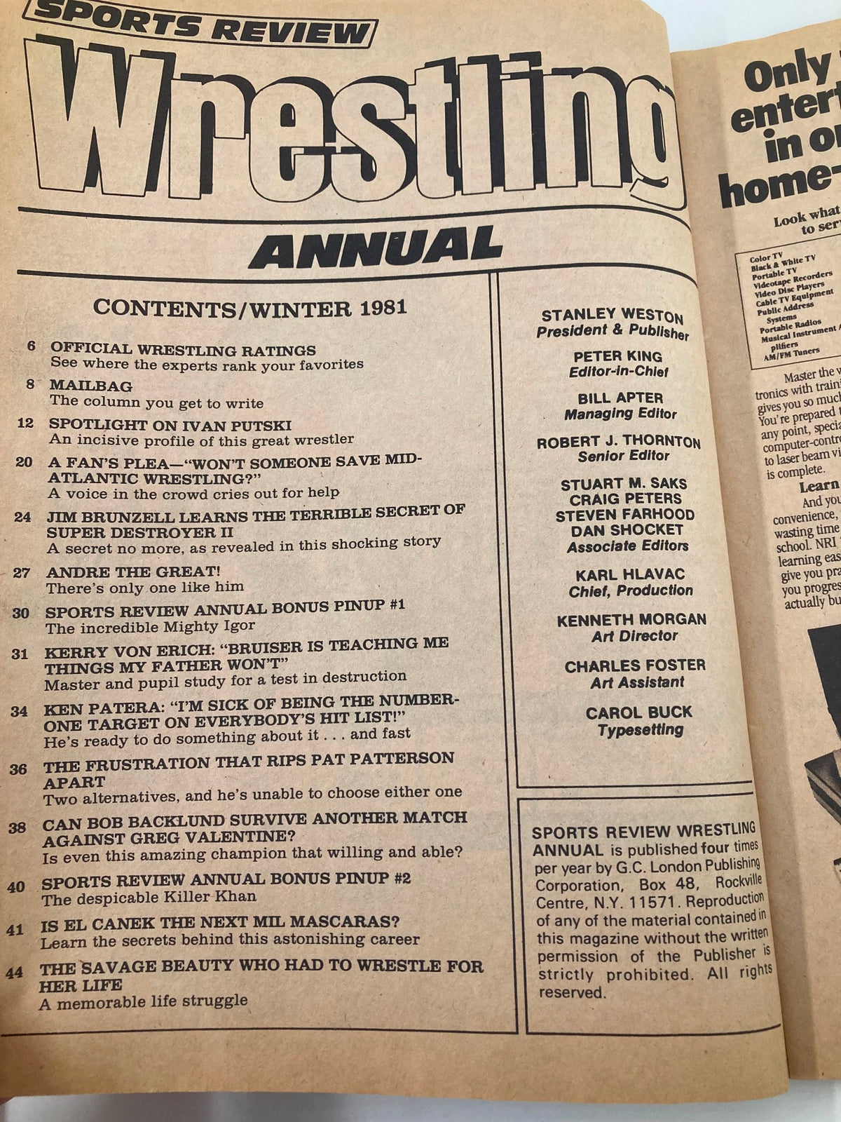 Contents page of the Winter 1981 VTG Sports Review Wrestling Magazine featuring articles about iconic wrestlers such as Ken Patera and Kerry Von Erich, along with notable features and wrestling ratings.
