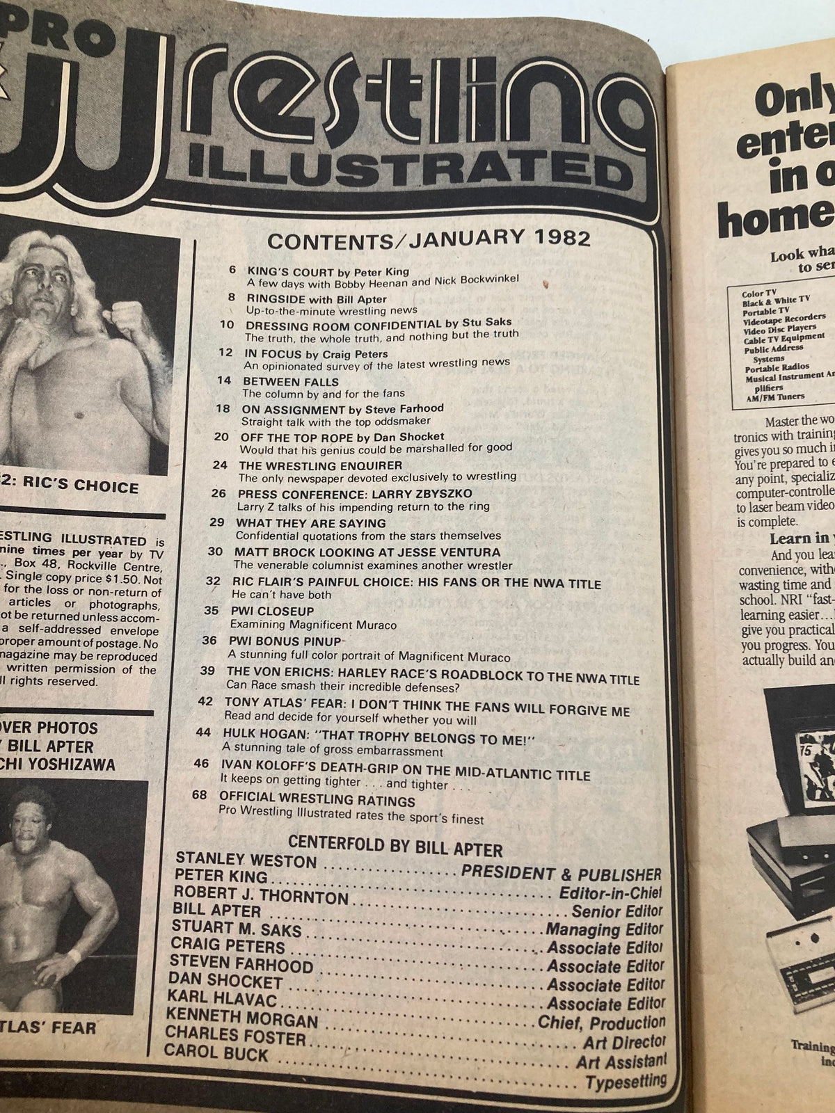 Contents page of Pro Wrestling Illustrated Magazine January 1982, listing articles and features including Ric Flair's choices, wrestling rankings, and exclusive interviews.