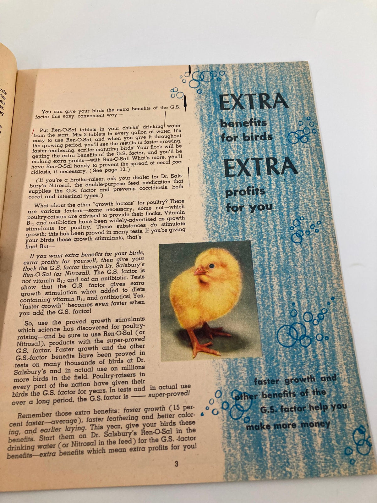 Another interior page from the 1952 Dr. Salsbury's Poultry Health Messenger, emphasizing extra benefits for poultry growth and care with a chick image.