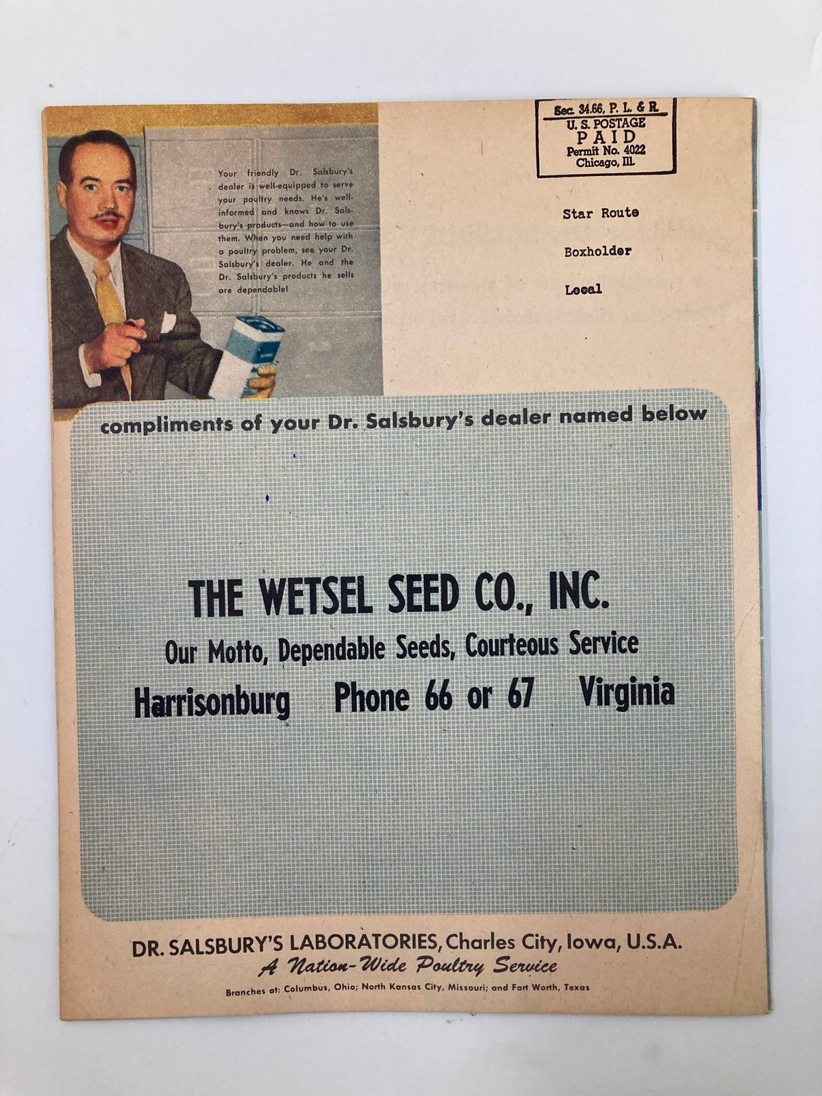 Vintage 1952 Dr. Salsbury's Poultry Health Messenger cover featuring a man promoting poultry care and products, showcasing historical farming practices and avian health tips.