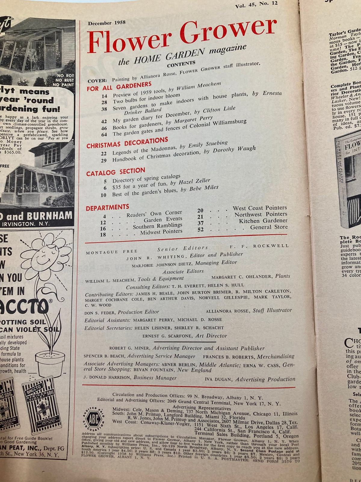 Contents page of VTG The Home Garden Magazine December 1958 listing features such as gardening tips, seasonal advice, and articles for all gardeners during the winter months.