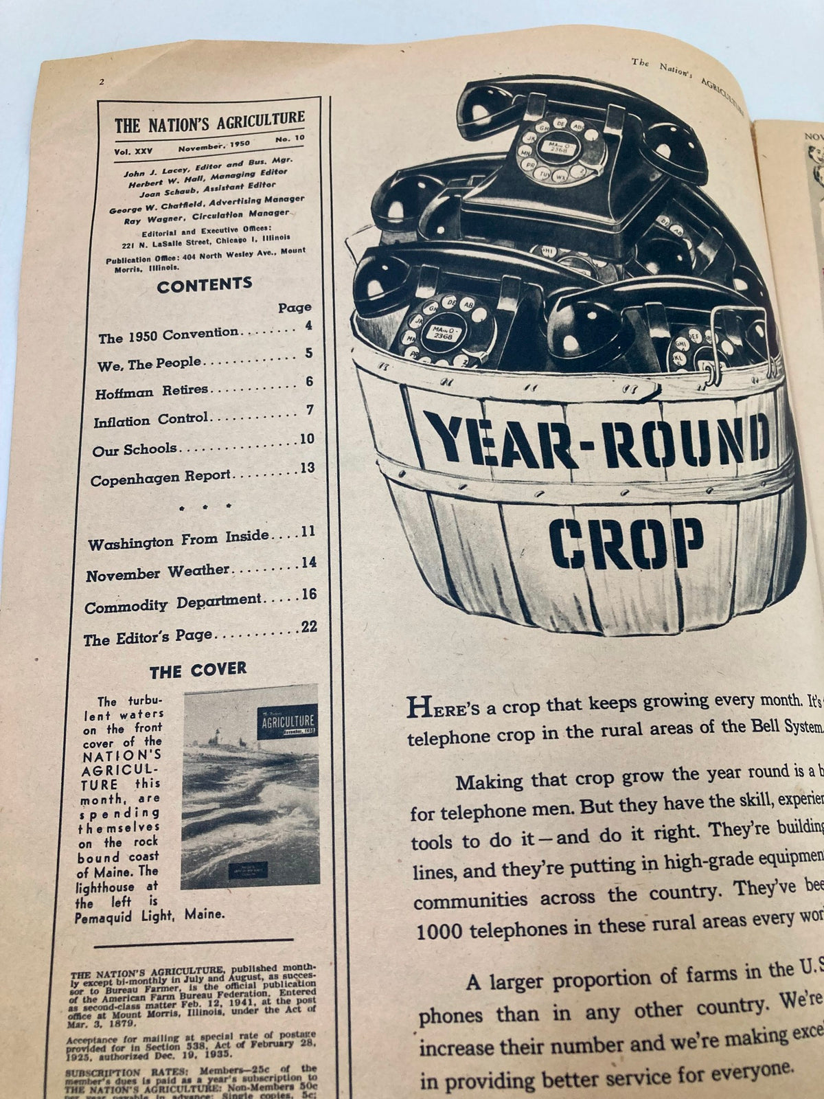 Table of contents page from VTG The Nation's Agriculture Magazine November 1950, highlighting articles and features related to agriculture.