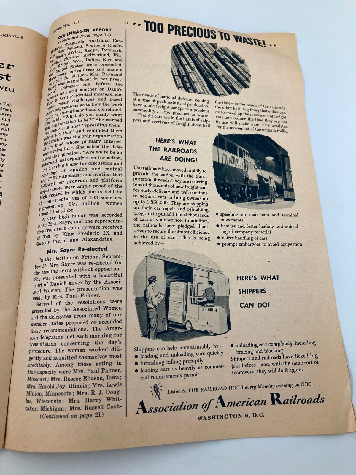 Page from VTG The Nation's Agriculture Magazine November 1950 highlighting transportation challenges and the role of railroads in national defense.