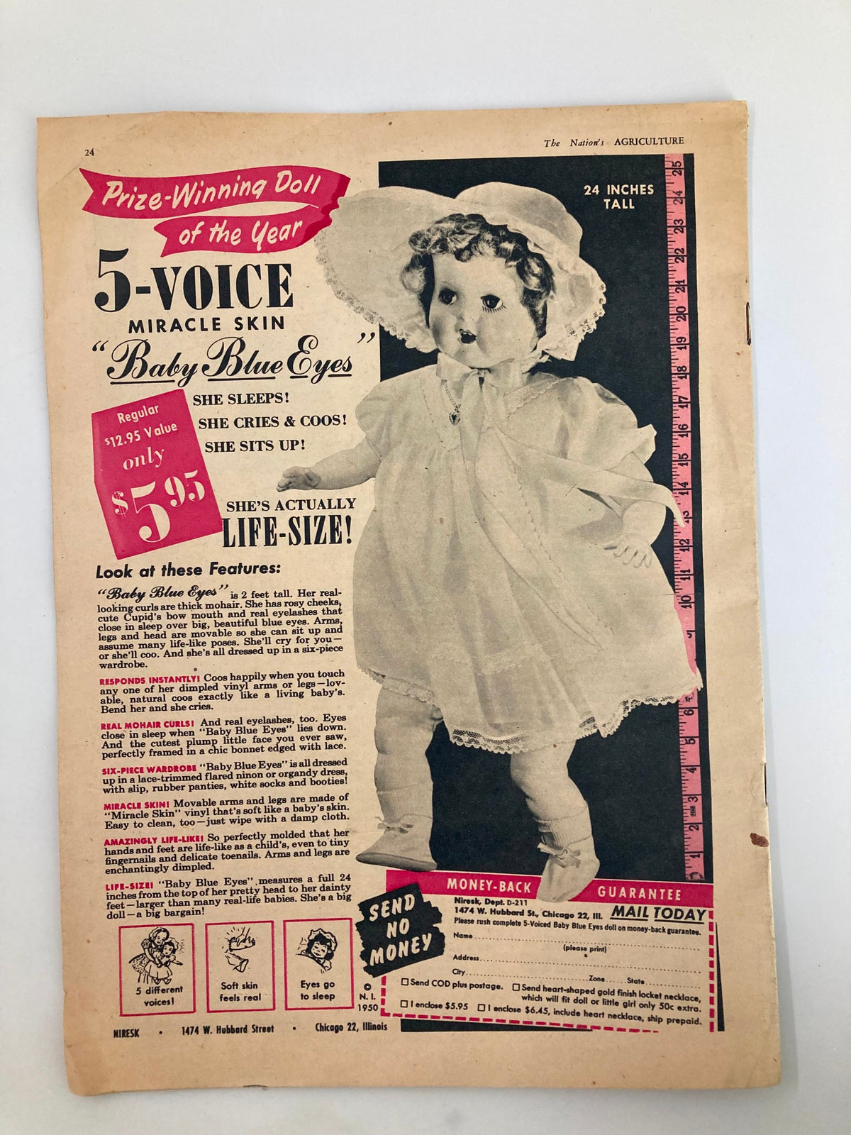 Advertisement page from VTG The Nation's Agriculture Magazine November 1950 showcasing the 5-voice doll "Baby Blue Eyes" as a prize-winning product.