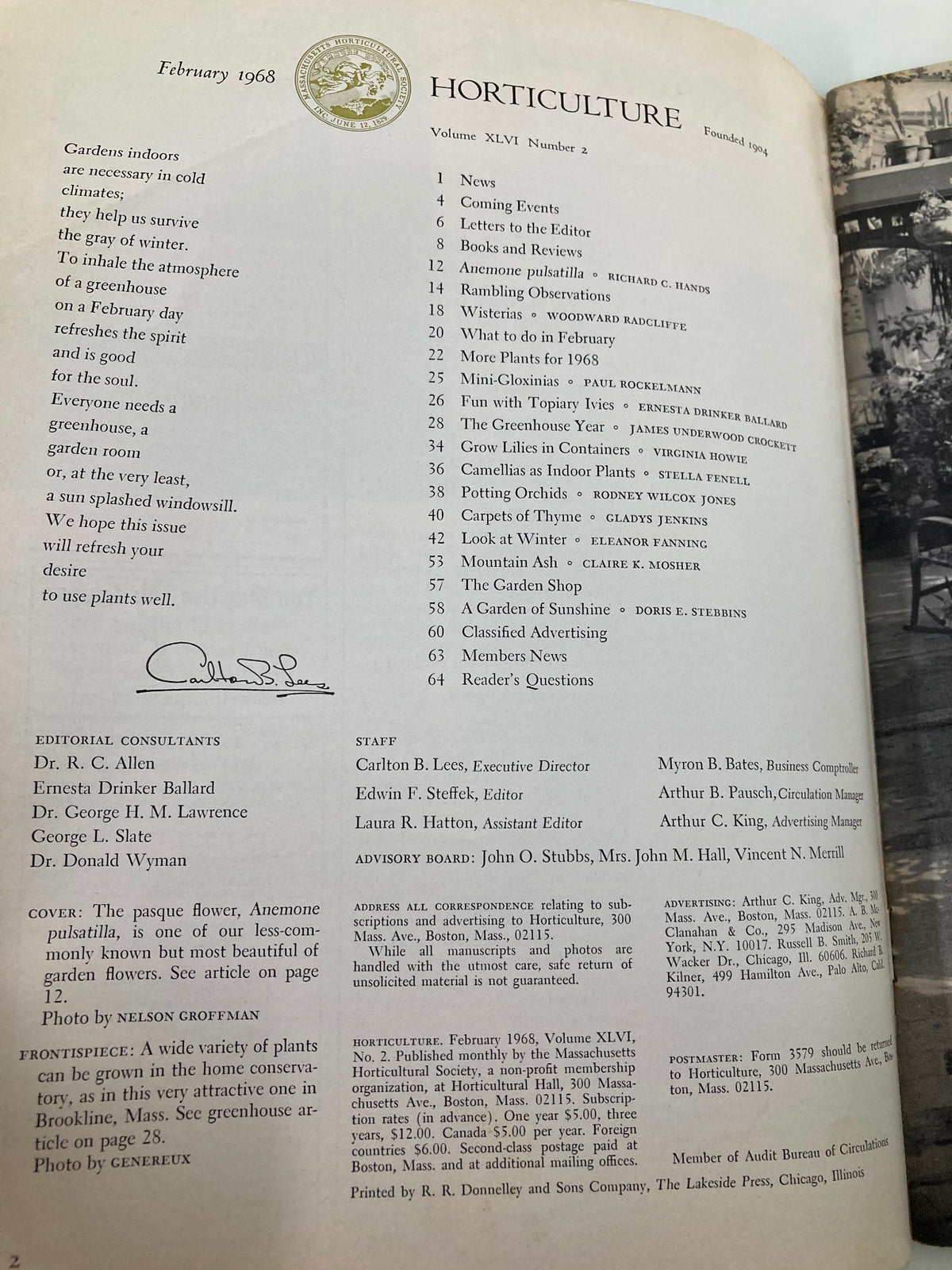 Table of contents from VTG Horticulture Magazine February 1968 showcasing article titles and contributors.