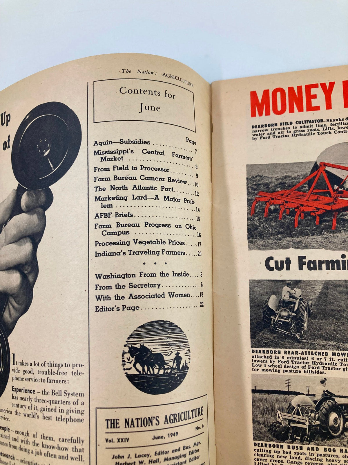 Contents page of VTG The Nation's Agriculture Magazine June 1949, showcasing articles related to agriculture and farming practices.