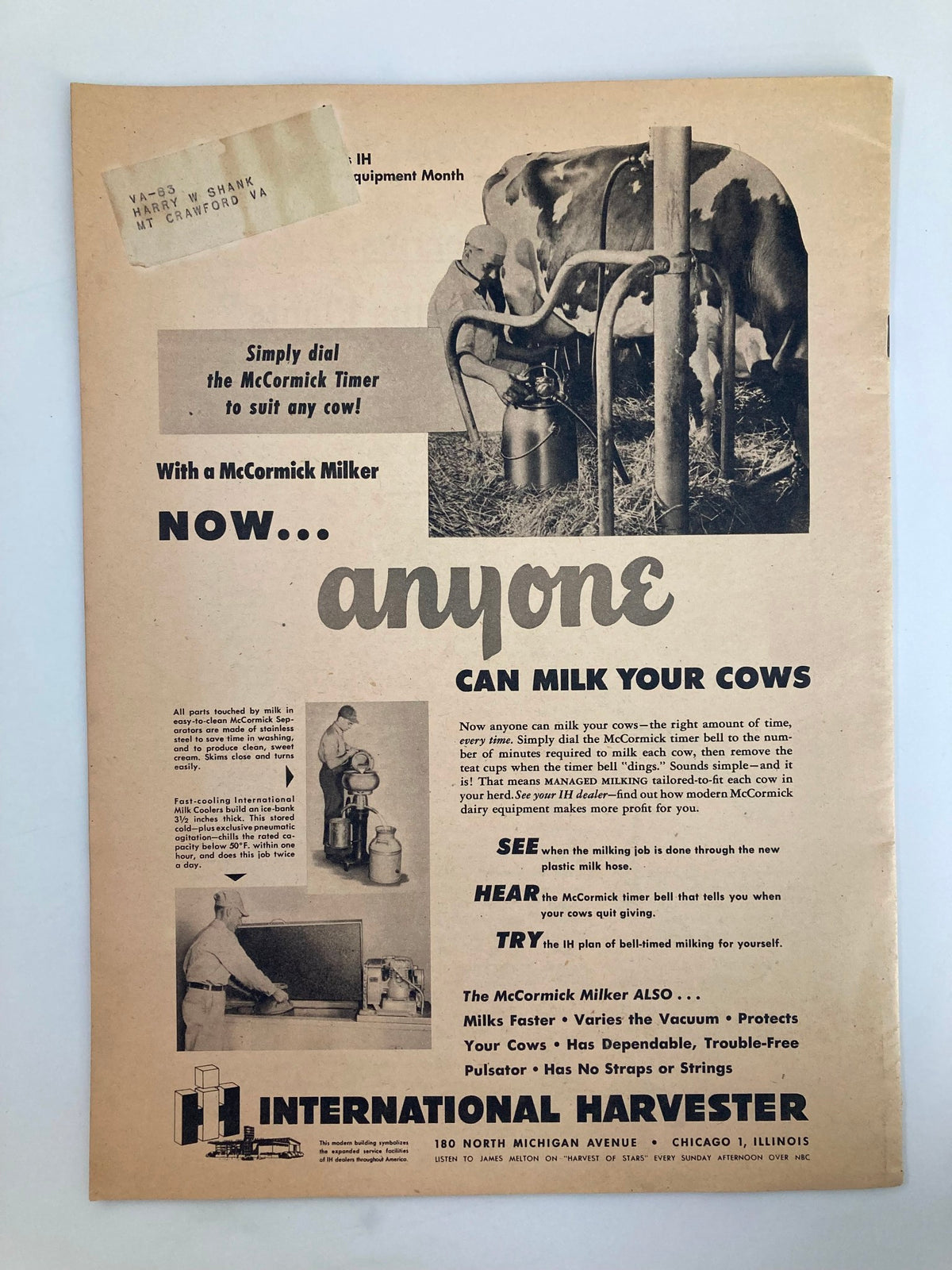 Back cover of VTG The Nation's Agriculture Magazine June 1949 featuring an advertisement for the McCormick Milker, illustrating farming technology.