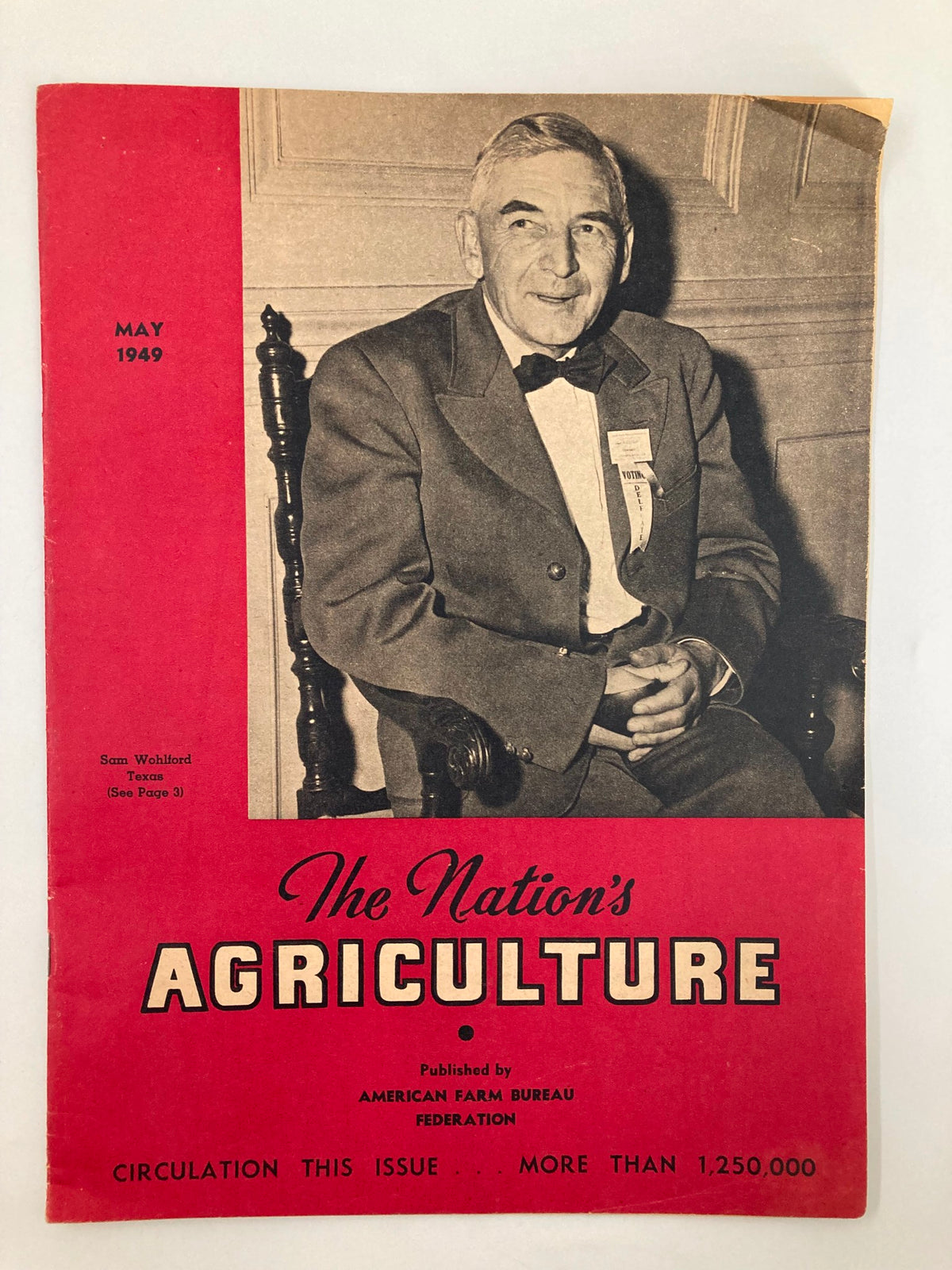 Cover of VTG The Nation's Agriculture Magazine, May 1949 featuring Sam Wohlford from Texas, showcasing a historical perspective on agriculture.