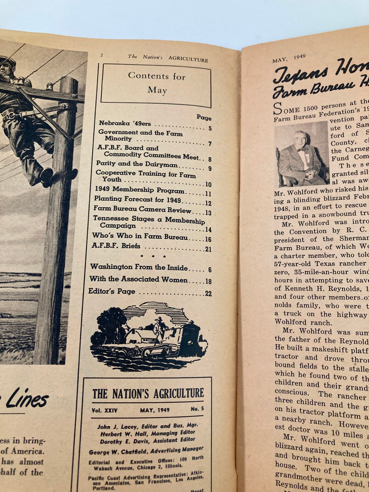 Interior page of VTG The Nation's Agriculture Magazine May 1949, featuring contents list and article about agriculture trends, highlighting Sam Wohlford from Texas.
