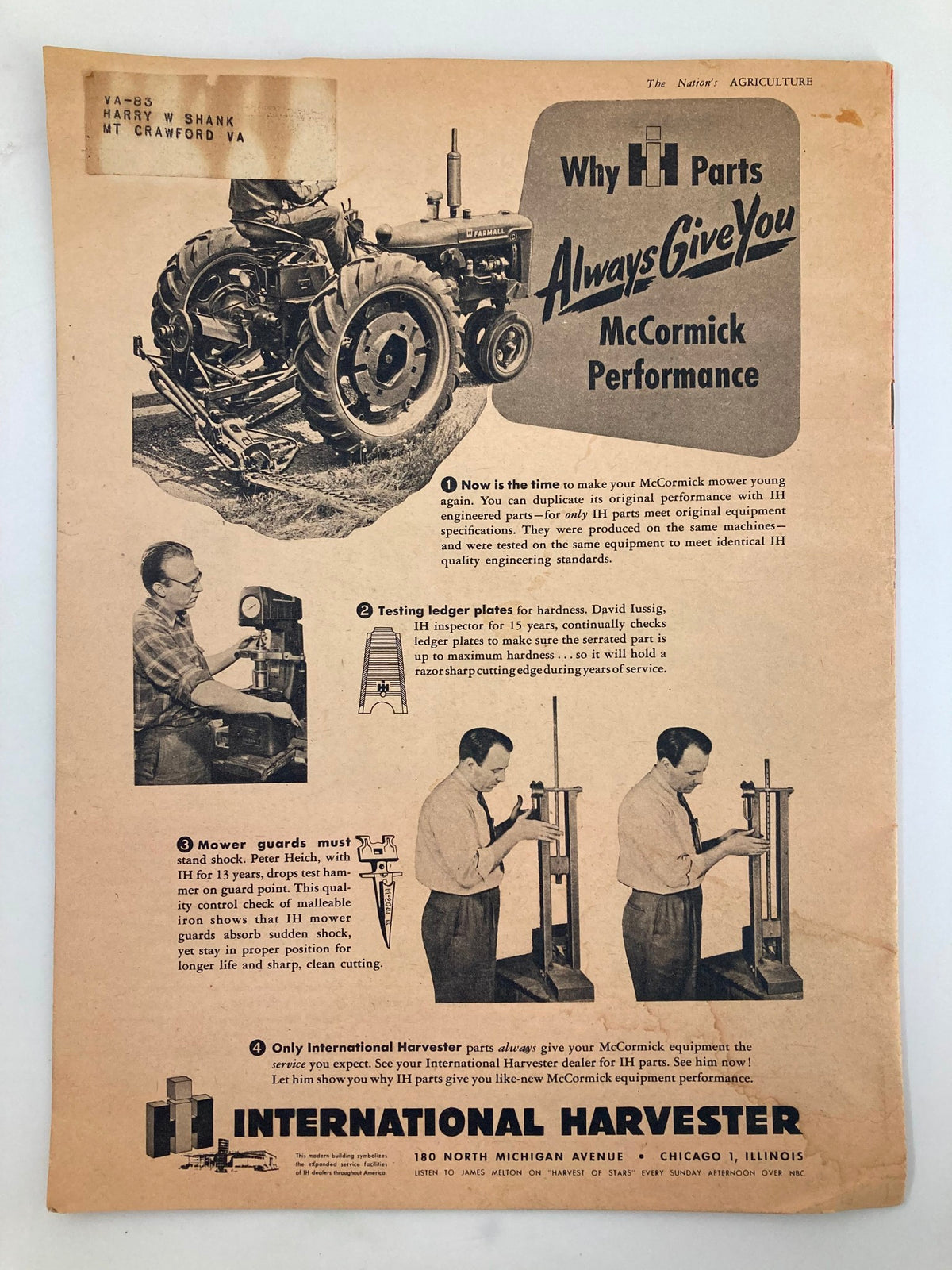 Back cover of VTG The Nation's Agriculture Magazine May 1949, showcasing an advertisement for International Harvester parts and machinery, emphasizing McCormick performance.