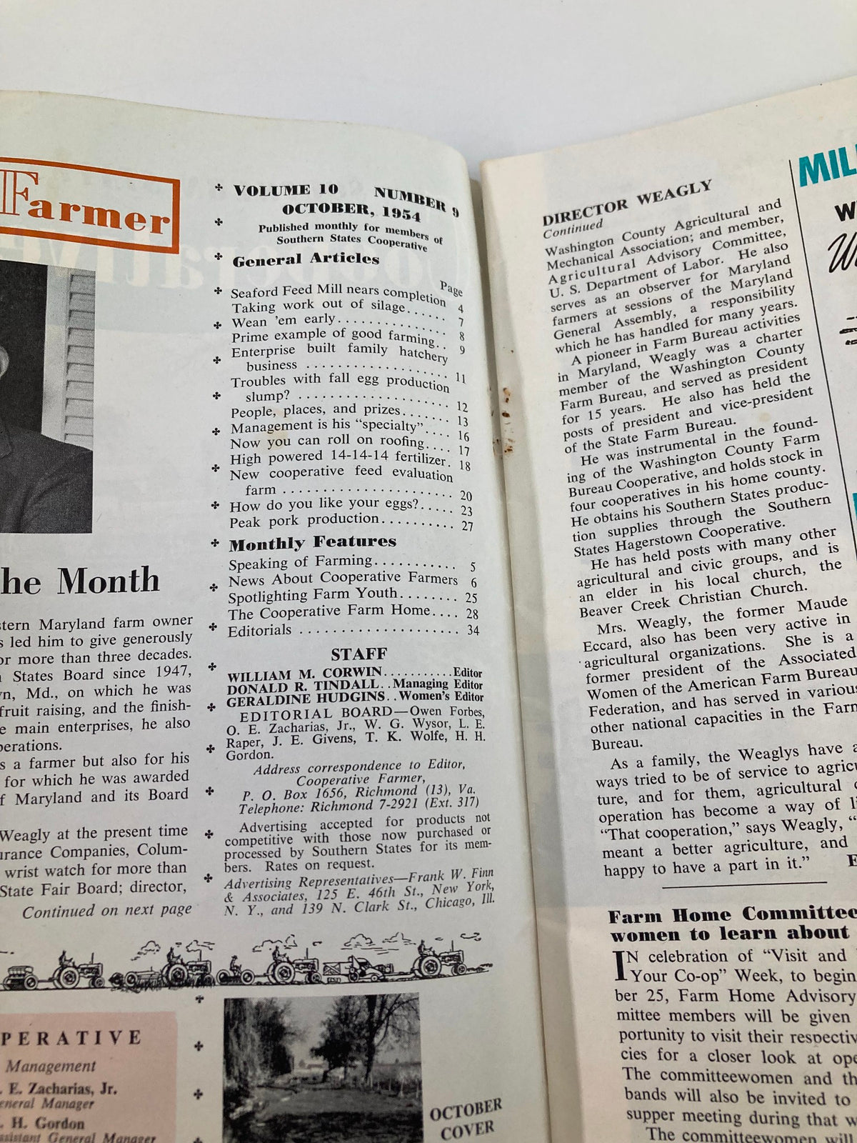 Inside page of the October 1954 VTG Southern States Cooperative Farmer magazine showcasing editorial contents and articles related to farming practices in the 1950s.