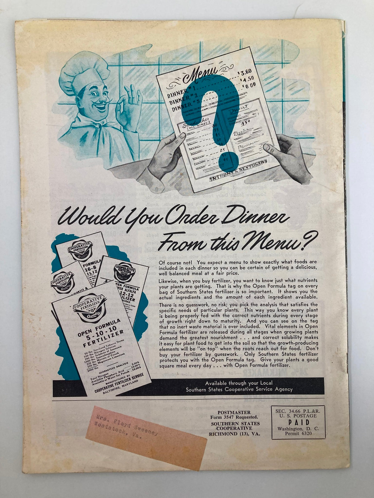 Back cover of the VTG Southern States Cooperative Farmer magazine from October 1954 displaying menu illustrations and advertisements for Southern States Cooperative services and products.