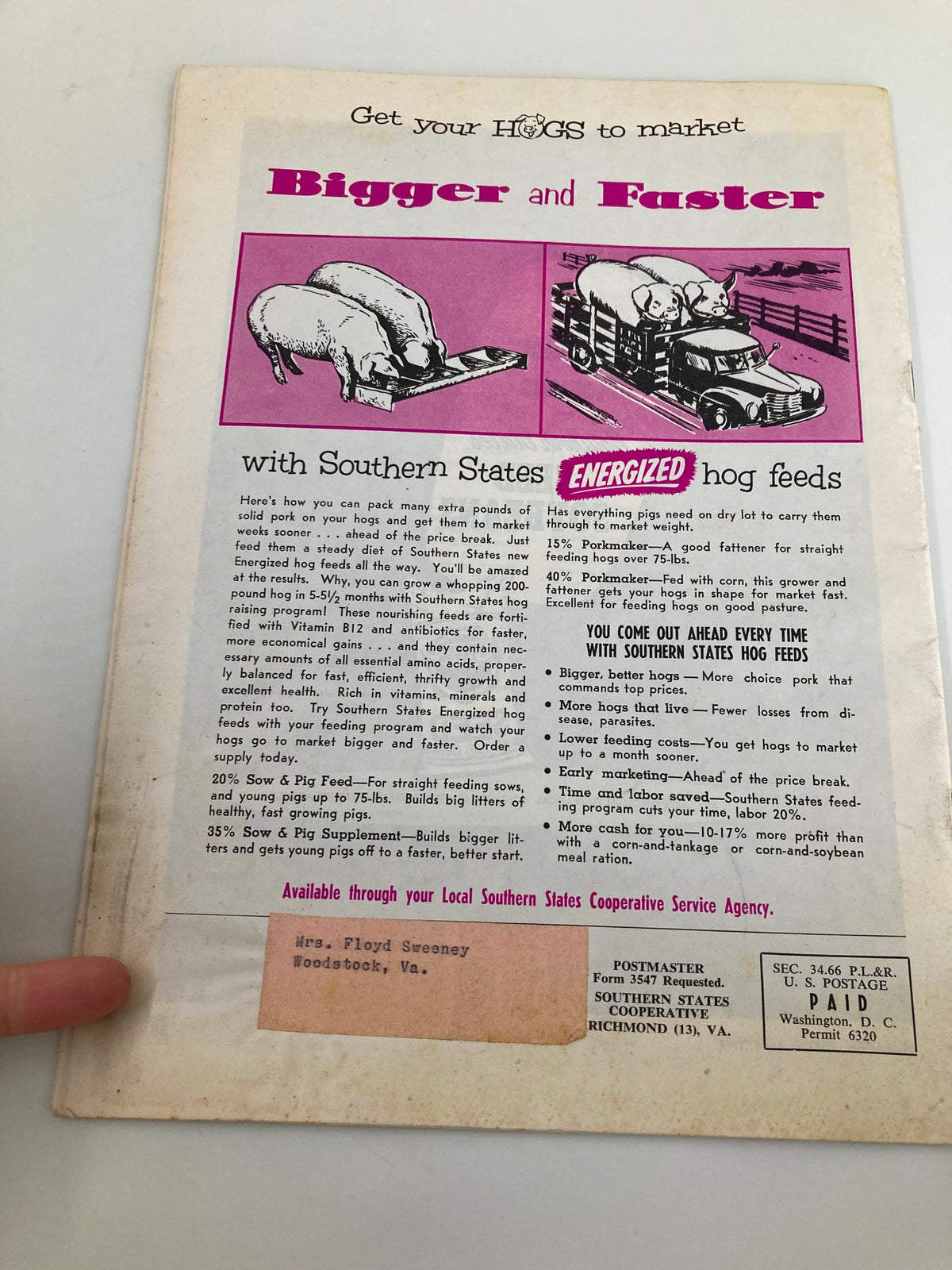 Back cover of Southern States Cooperative Farmer April 1954 magazine advertising Southern States energized hog feeds.