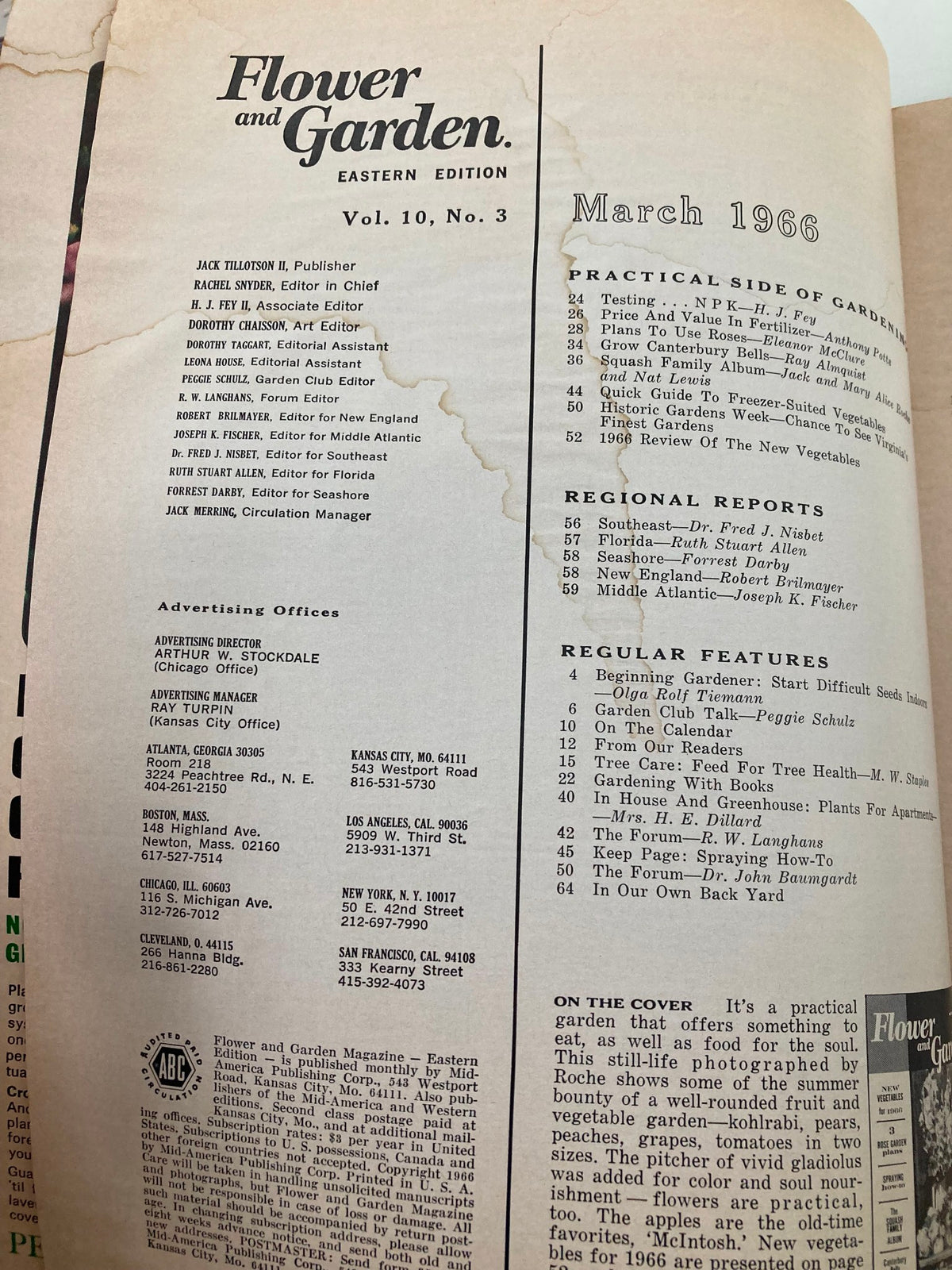Inside page of the VTG Flower and Garden Magazine March 1966 displaying the table of contents and publication details, emphasizing various gardening articles and features.