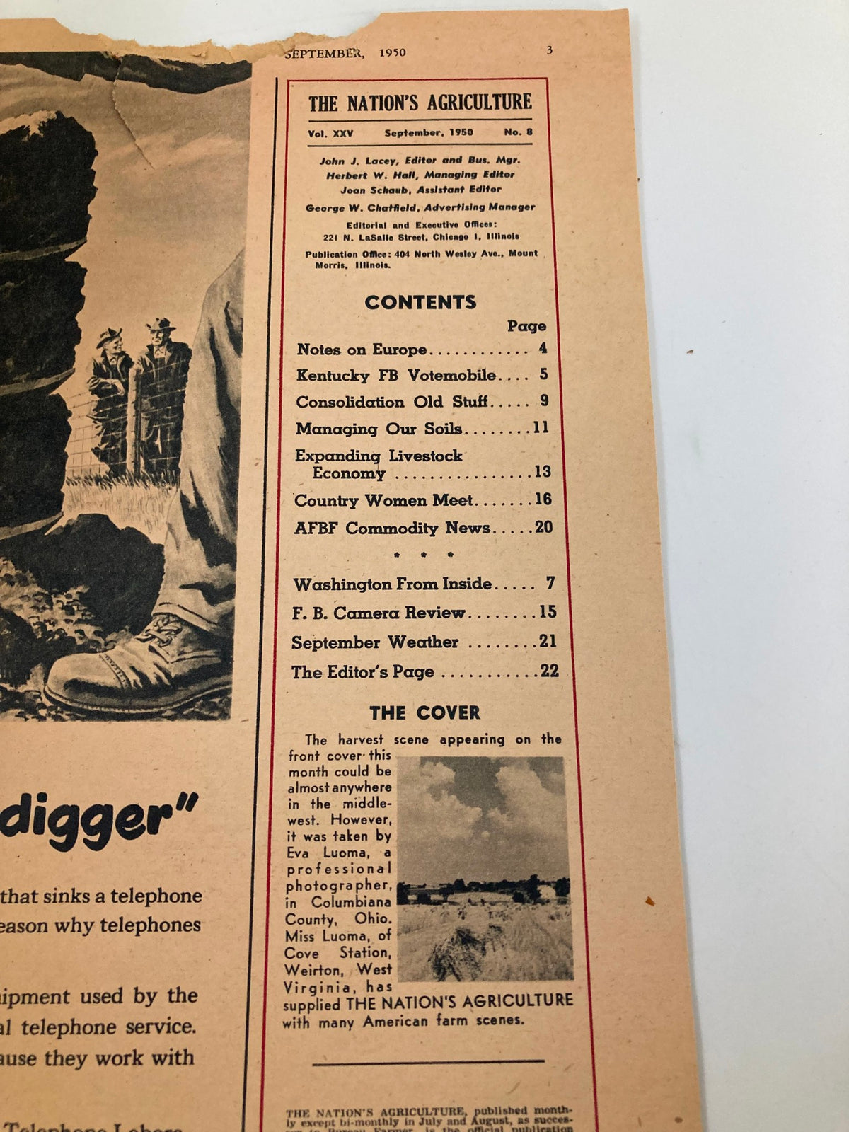 Another inside page of VTG The Nation's Agriculture Magazine - September 1950 featuring the table of contents related to agricultural topics.
