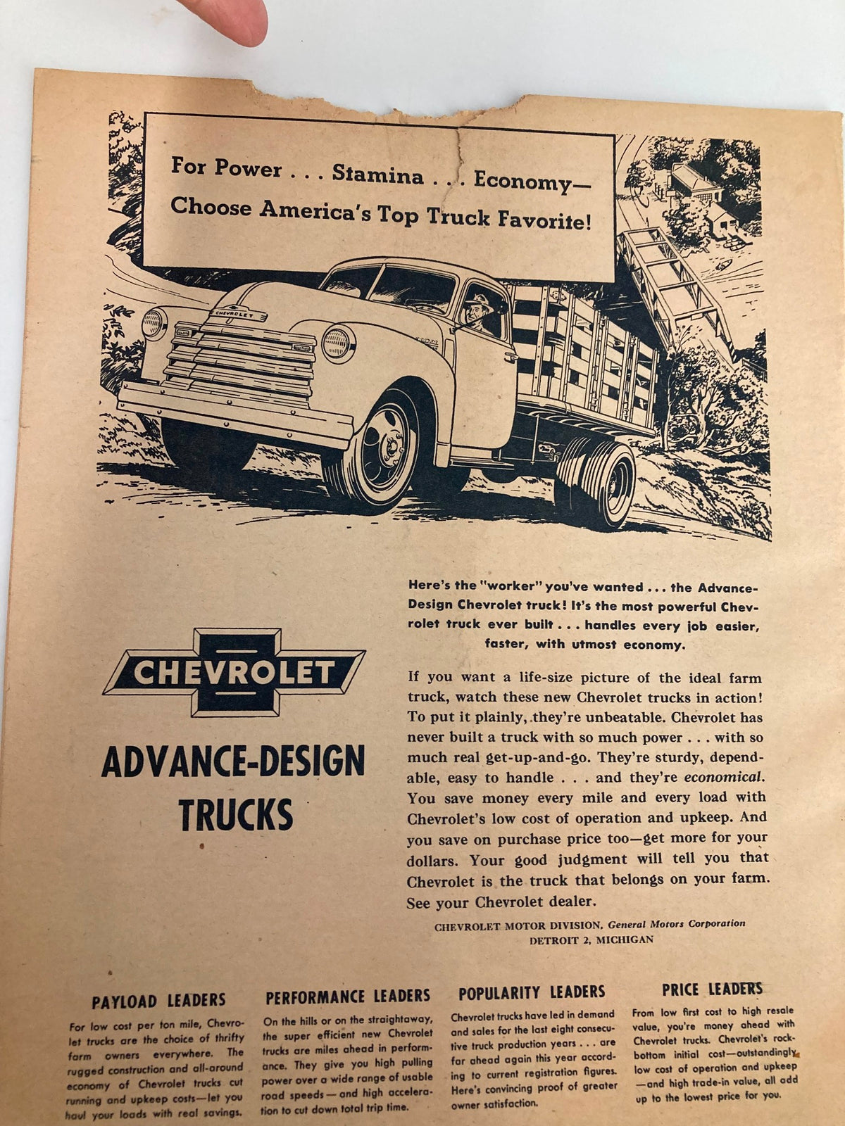 Advertisement for Chevrolet Advance-Design Trucks in VTG The Nation's Agriculture Magazine - September 1950 highlighting features of farm trucks.