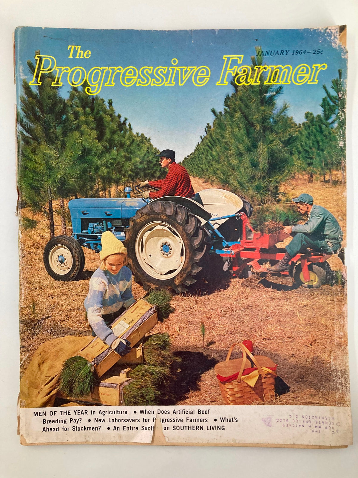 The Progressive Farmer magazine cover from January 1964, featuring a bright rural scene with a tractor and three individuals engaged in agricultural activities amidst pine trees.