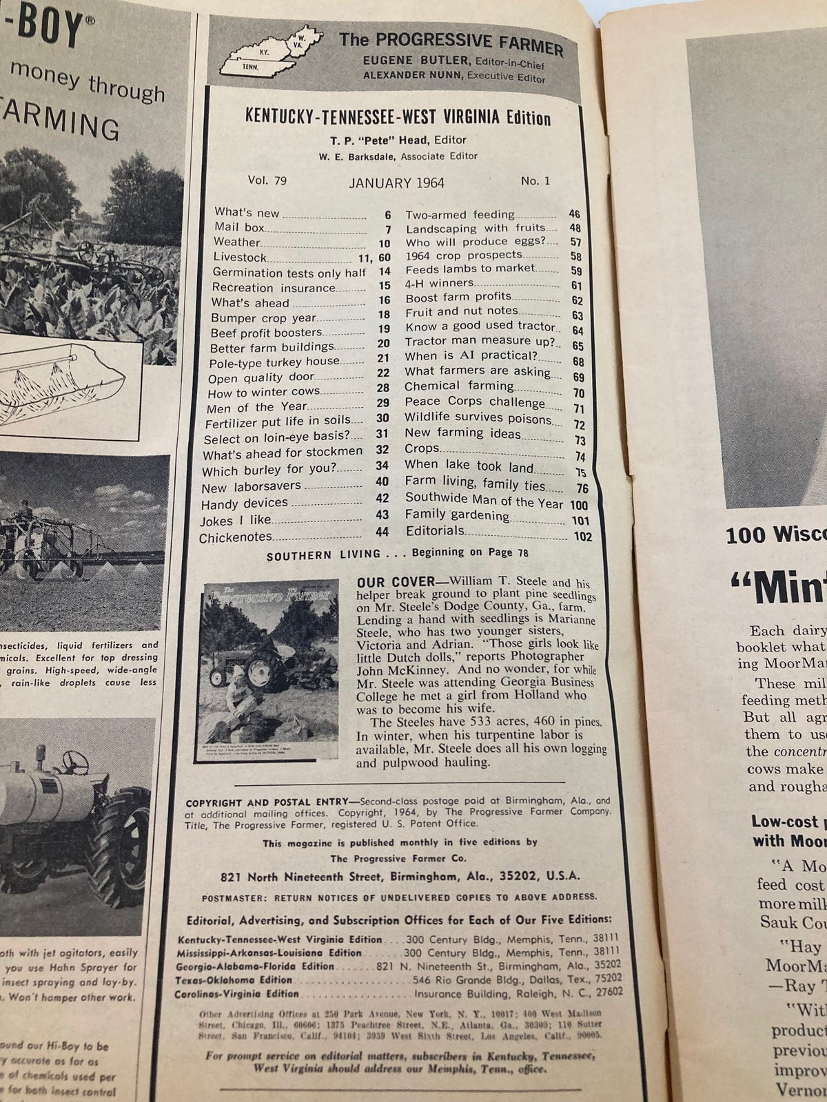 Contents page of The Progressive Farmer Magazine January 1964 outlining articles related to livestock, environmental care, and farming methods, showcasing agricultural themes of the era.