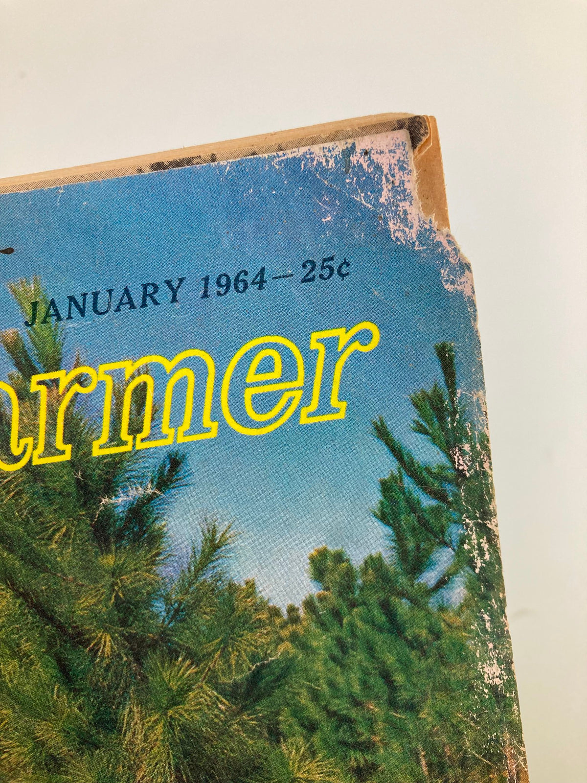 Detail of the spine of The Progressive Farmer Magazine January 1964, showing age wear with a vintage illustration of pine trees, highlighting the nostalgic value of this collectible magazine.