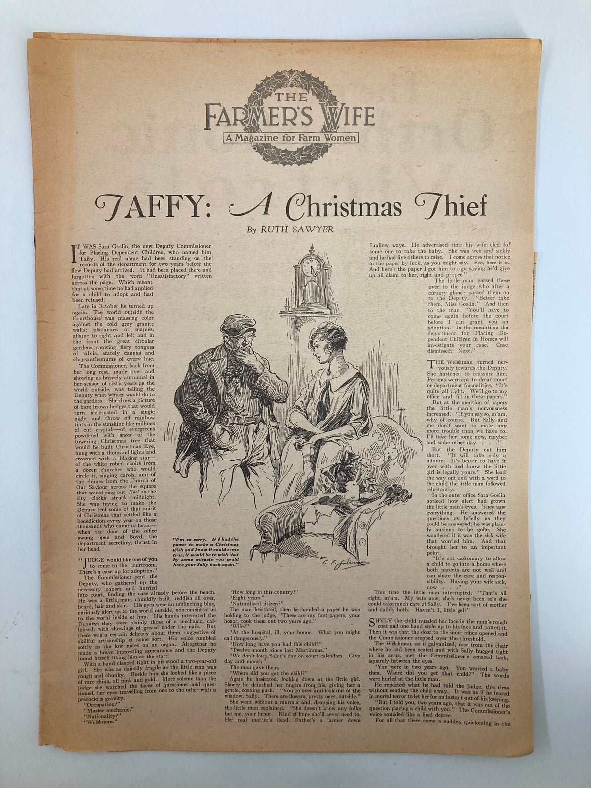 Illustration from VTG The Farmer's Wife Magazine December 1925 showcasing the story 'Taffy: A Christmas Thief' by Ruth Sawyer, featuring characters in a vintage setting.