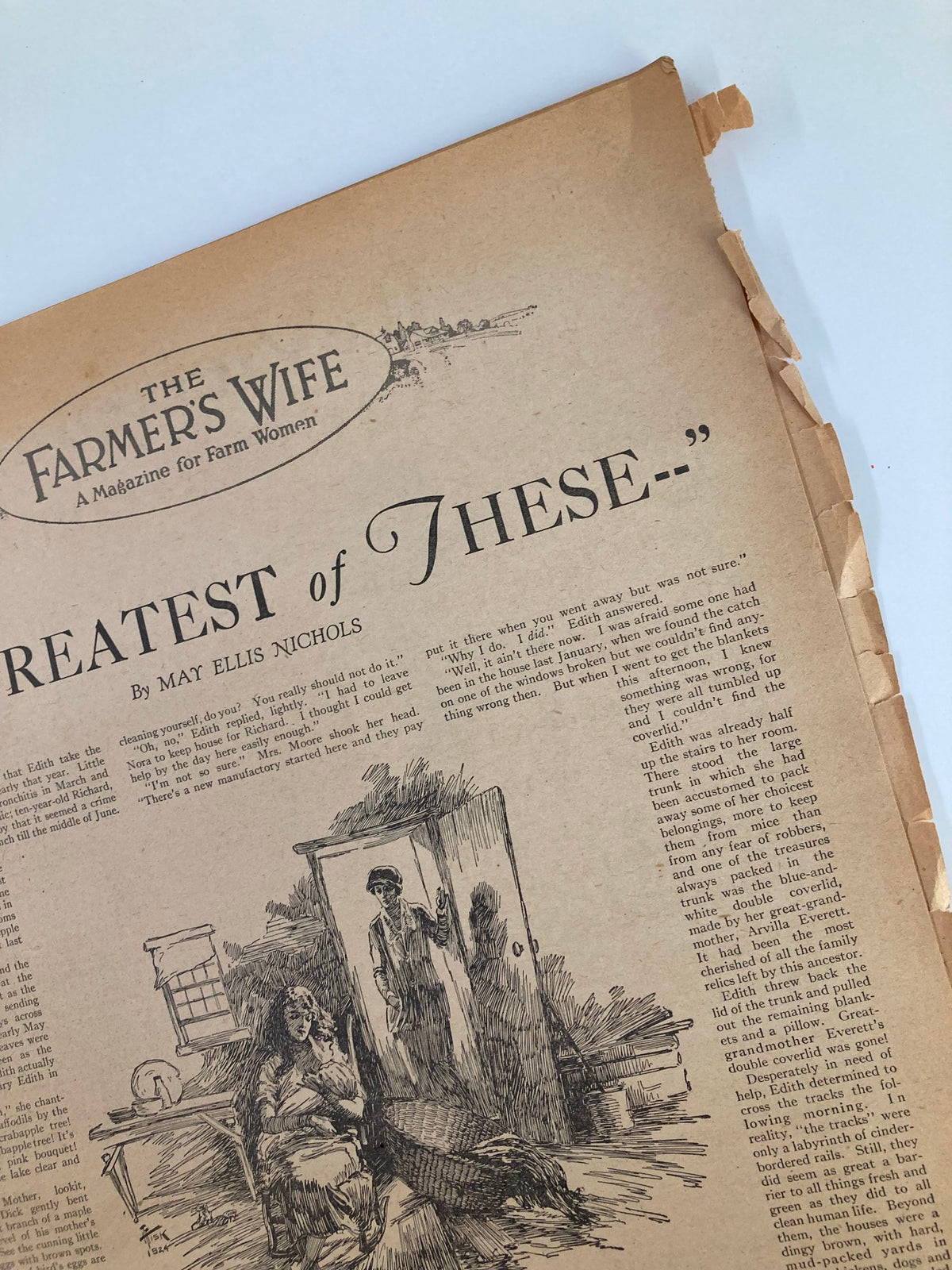 Interior page of VTG The Farmer's Wife Magazine November 1925 showing the article titled 'Greatest of These' by May Ellis Nichols, featuring illustrations and text about farm women's lives.